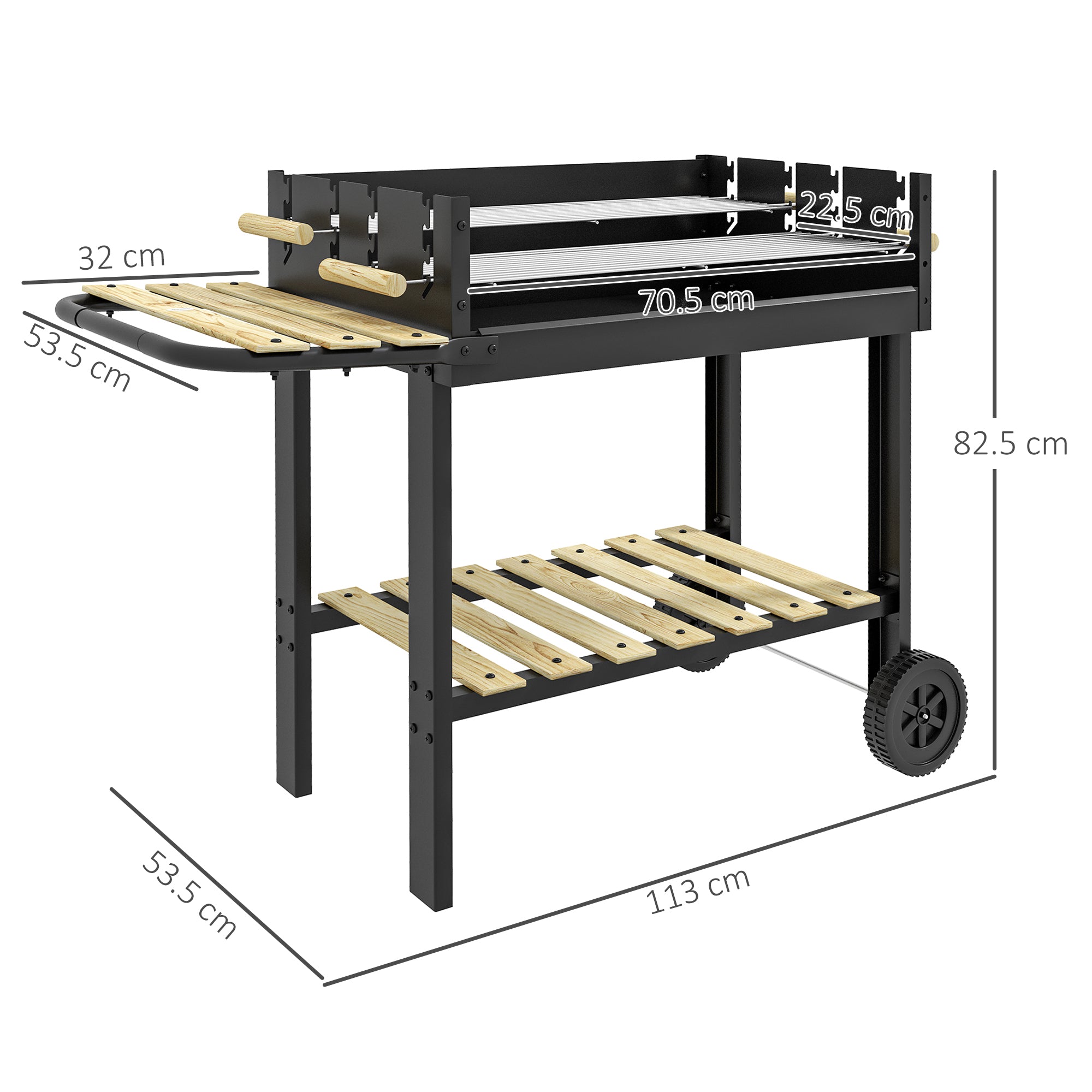 Outsunny Charcoal√Ç BBQ√Ç Grill, Barbecue√Ç Trolley with Double Adjustable Grill, Side Table, Storage Shelf and Wheels for Outdoor Garden Party Cooking, Black