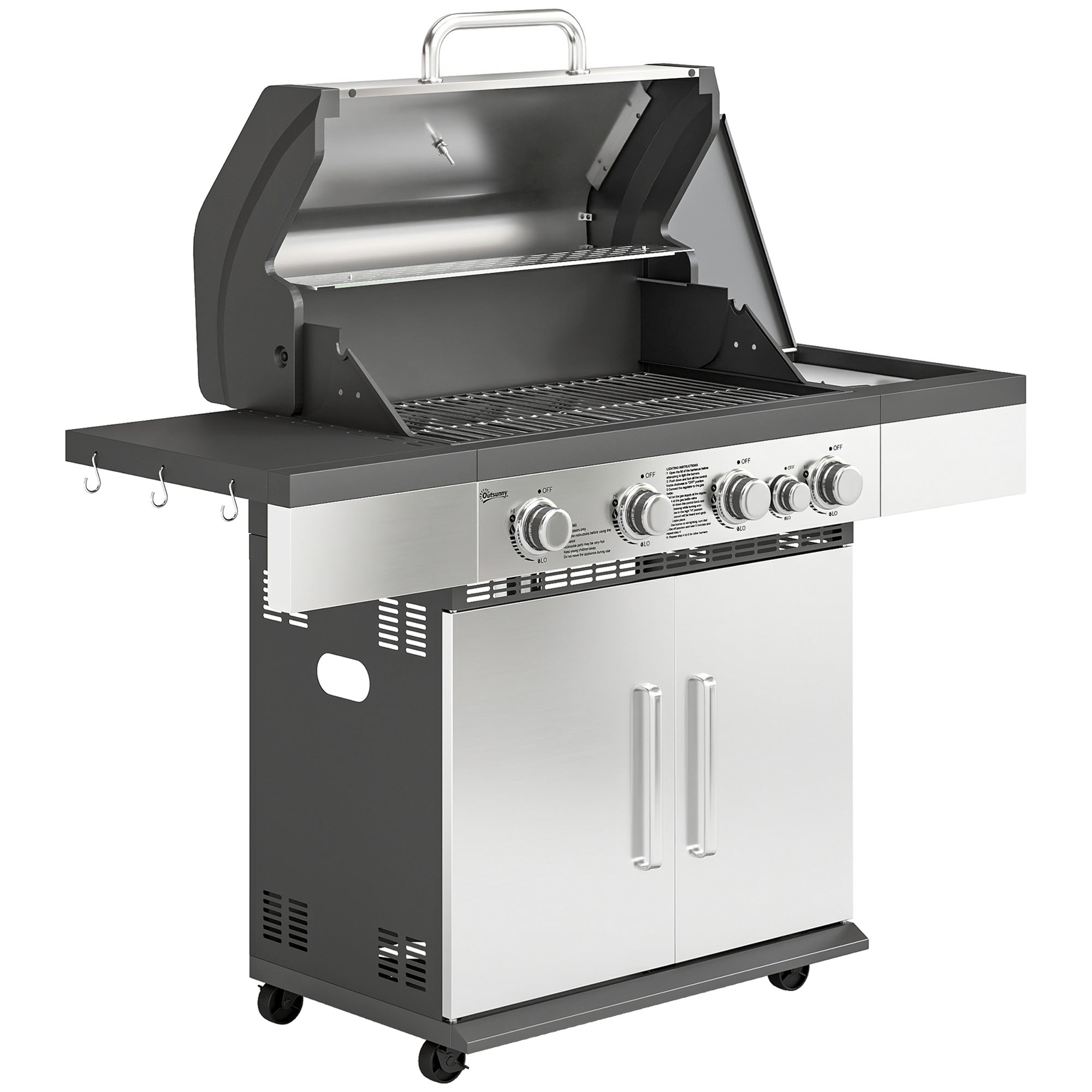 Outsunny 4+1 Burner Gas BBQ Grill, Portable Gas Barbecue Grill with Side Burner, Warming Rack, Side Shelf, Storage Cabinet