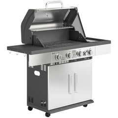 Outsunny 4+1 Burner Gas BBQ Grill, Portable Gas Barbecue Grill with Side Burner, Warming Rack, Side Shelf, Storage Cabinet