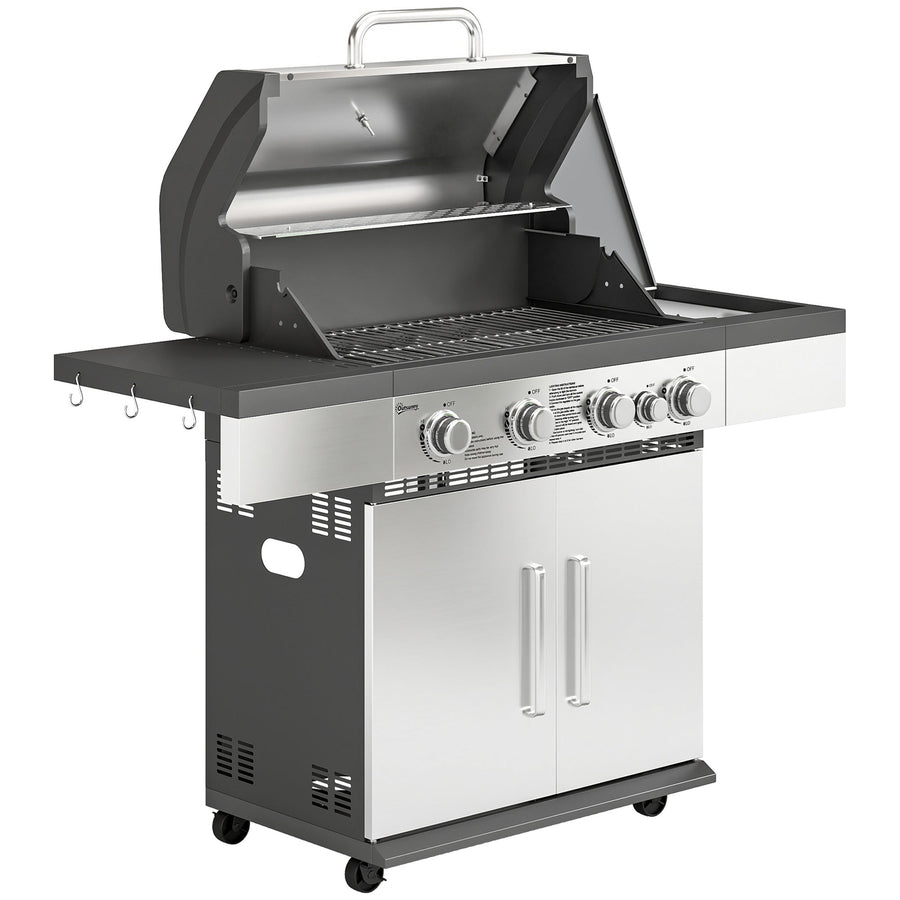 Outsunny 4+1 Burner Gas BBQ Grill, Portable Gas Barbecue Grill with Side Burner, Warming Rack, Side Shelf, Storage Cabinet