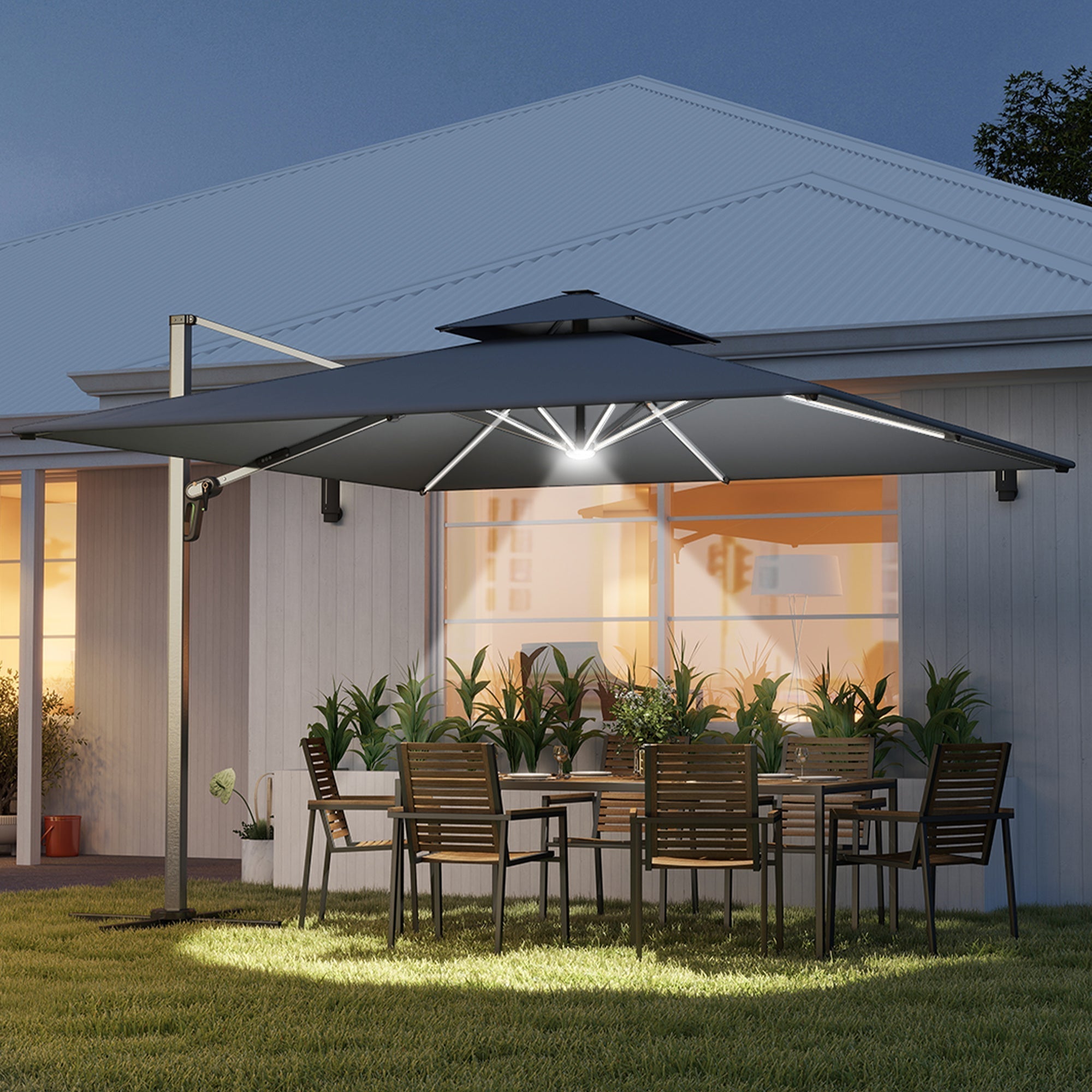 Outsunny 3(m) Garden Cantilever Parasol with Solar LED Lights, Cross Base, 360 degrees Rotation, Crank Handle and Tilt, Grey