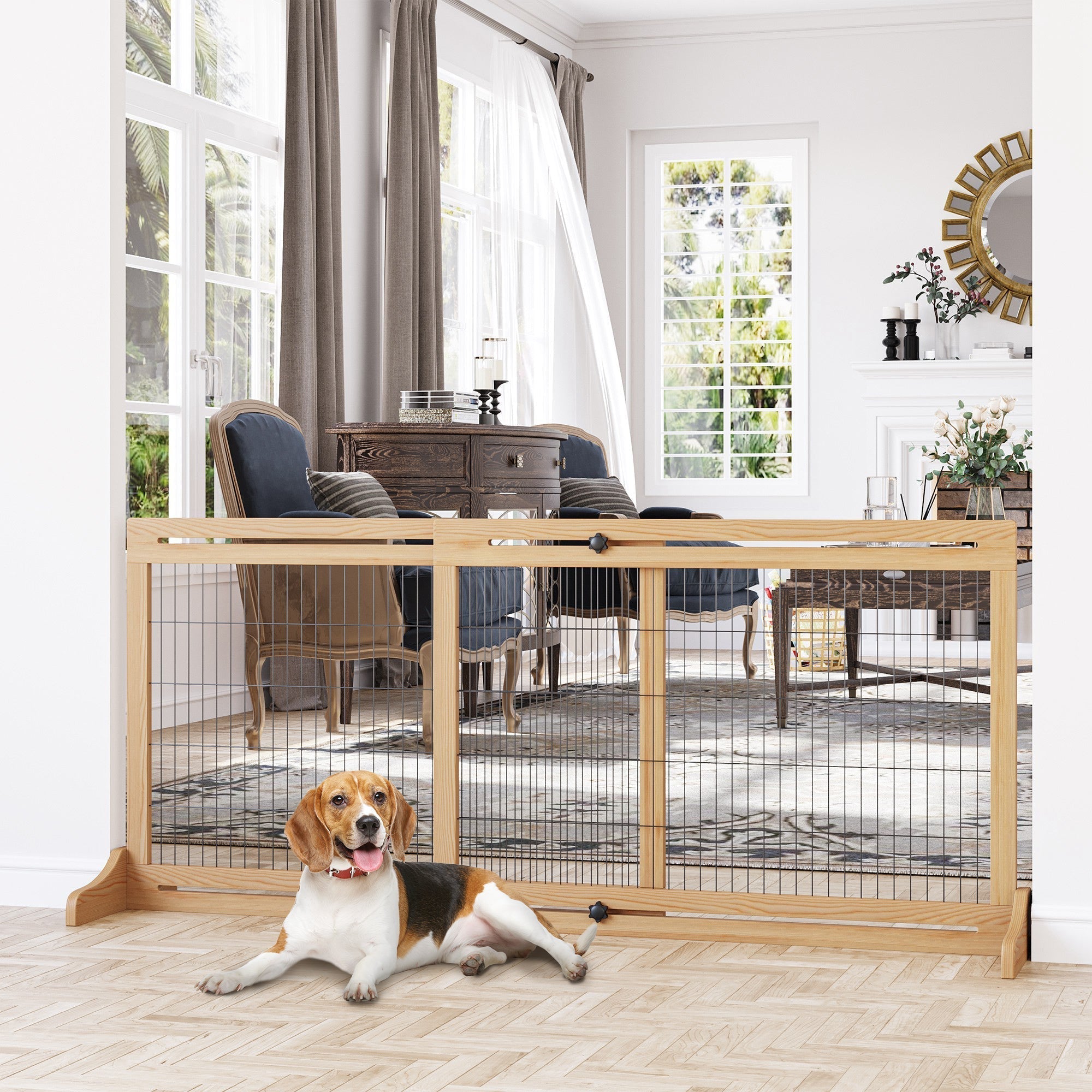 PawHut Freestanding Dog Gate, Foldable Pet Fence, Indoor Wood Barrier, Stair Gate with Support Feet, for Doorway, Hallway, Small and Medium Dogs, 69H x 104-183 cm, Natural Wood Finish