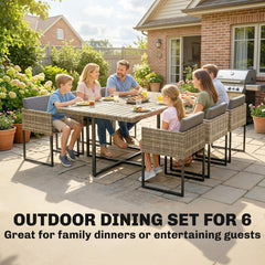 Outsunny 7 Piece Rattan Garden Furniture Set, Garden Dining Set with Wood-Plastic Table and 6 Stackable Chairs, Light Brown