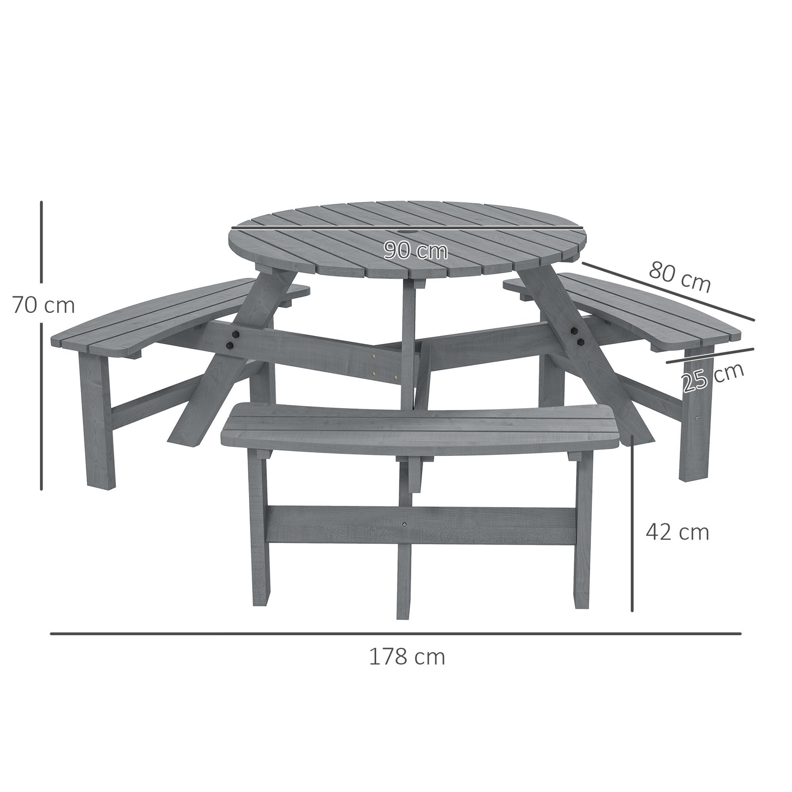 Outsunny Wooden Garden Dining Set, 6 Seater Round Dining Picnic Table with Matching Bench, Garden Furniture Set with Parasol Hole for Outdoor Patio Party and Family Gatherings, Grey