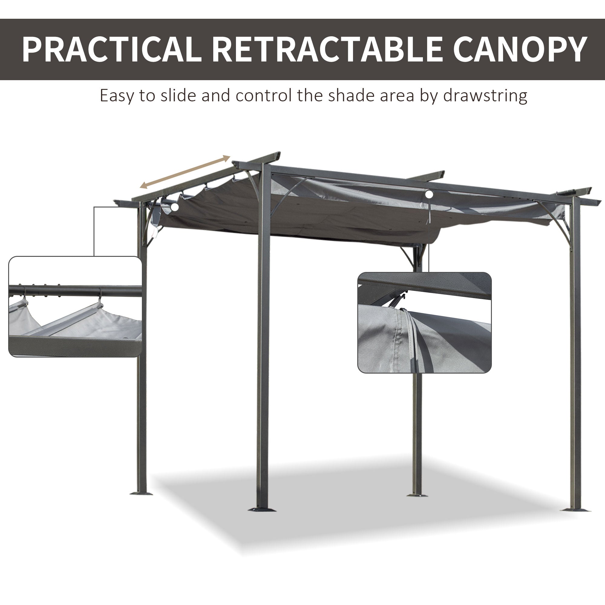 Outsunny 3 x 3(m) Metal Retractable Pergola, Garden Gazebo Metal Pergola Canopy Outdoor Sun Shade Shelter for Party BBQ, Grey