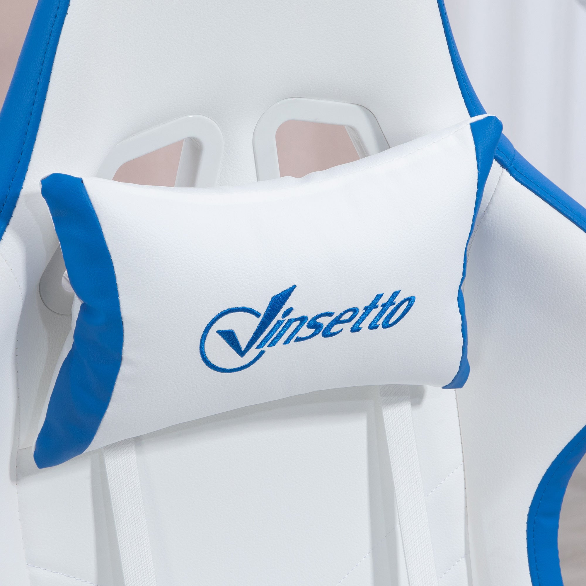 Vinsetto Computer Gaming Chair, PU Leather Office Desk Chair with Footrest, Swivel Wheels, 135√Ç¬∞ Reclining Back, Lumbar Support, Headrest for Home, White and Blue