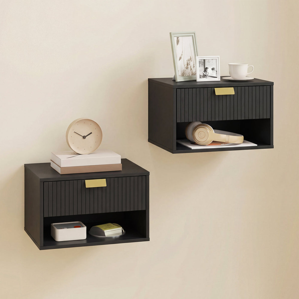 HOMCOM Set of 2 Wall Mounted Nightstands, Floating Bedside Tables with Fluted Drawer and Open Shelf for Small Bedroom, Black