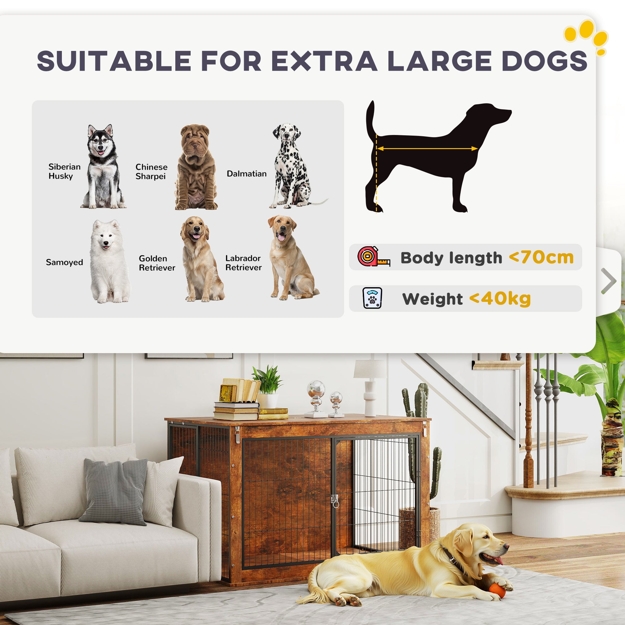 PawHut Dog Crate Furniture with Openable Top, Two Doors, for Extra Large Dogs, Rustic Brown