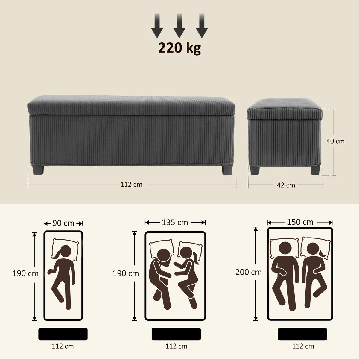 HOMCOM 84L Corduroy Storage Ottoman - Grey