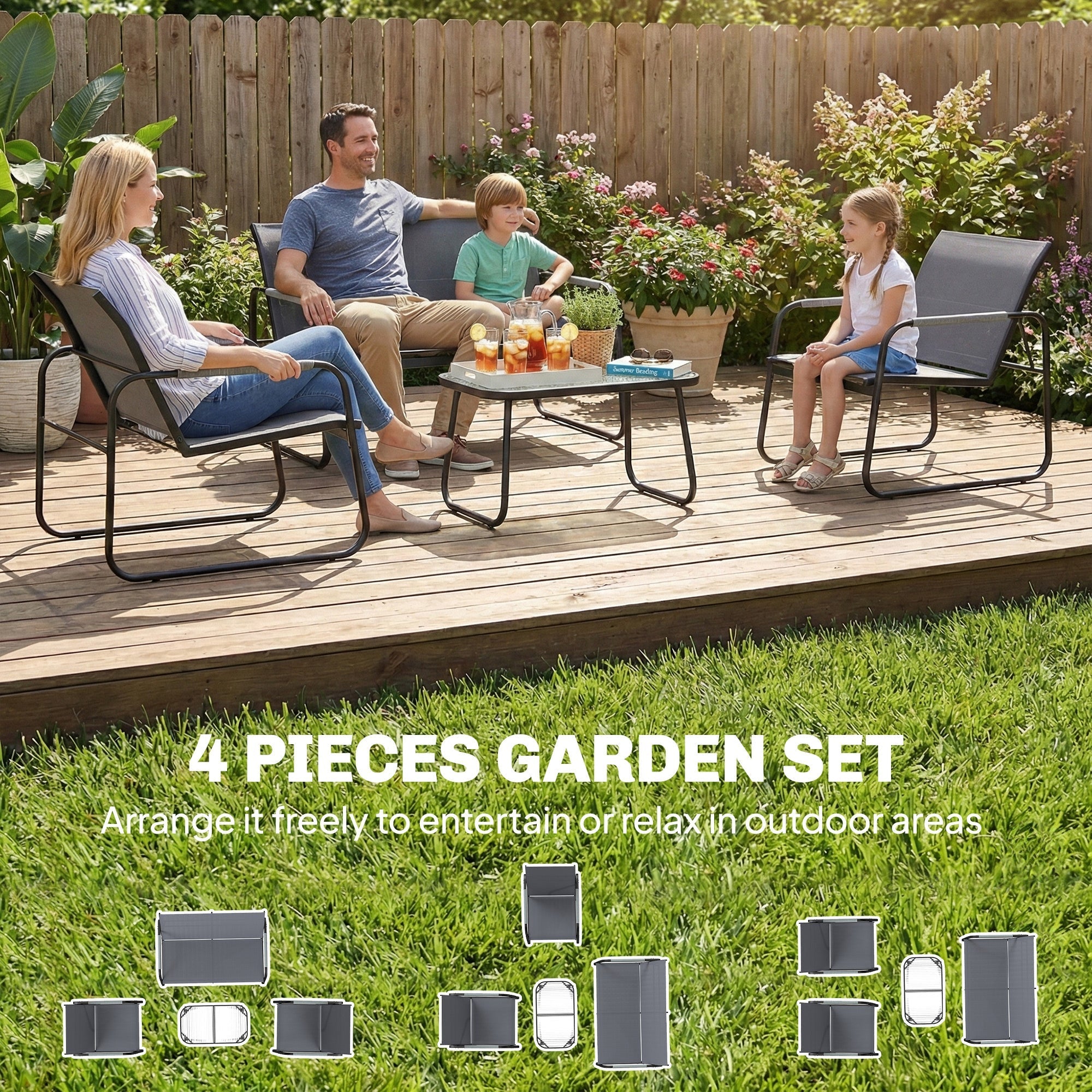 Outsunny 4 Piece Garden Furniture Set, Garden Sofa Set with Loveseat, 2 Armchairs, Tempered Glass Table for Balcony, Grey