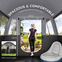 Outsunny 4 Person Camping Tent, Waterproof Family Tent, Tunnel Design, 4 Large Windows, Sleeping Cabins 3000mm Water Column Grey