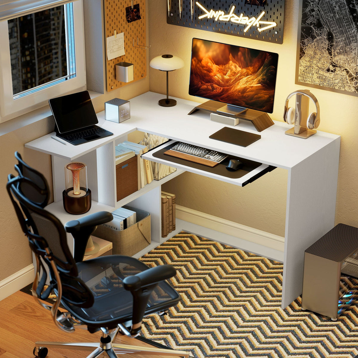 HOMCOM L-Shaped Corner Desk, Computer Desk with Keyboard Tray and Open Shelves, White Wood Effect