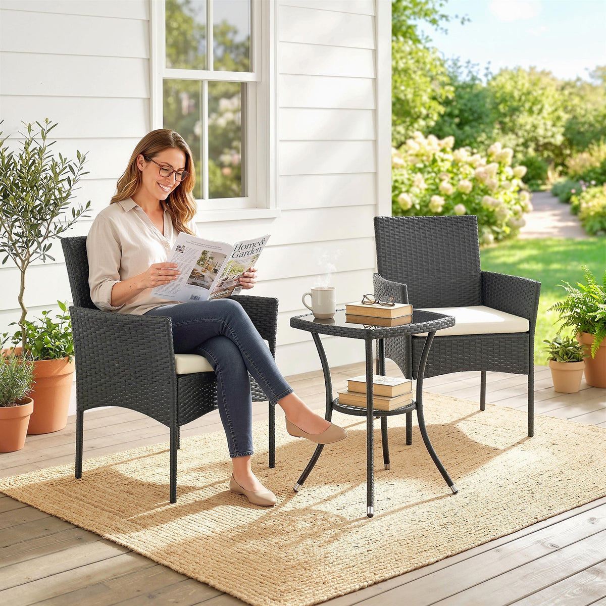Outsunny 3 Piece Rattan Bistro Set, PE Wicker Garden Furniture Conversation Set with 2 Tier Glass-Top Table, Chairs, Cream White