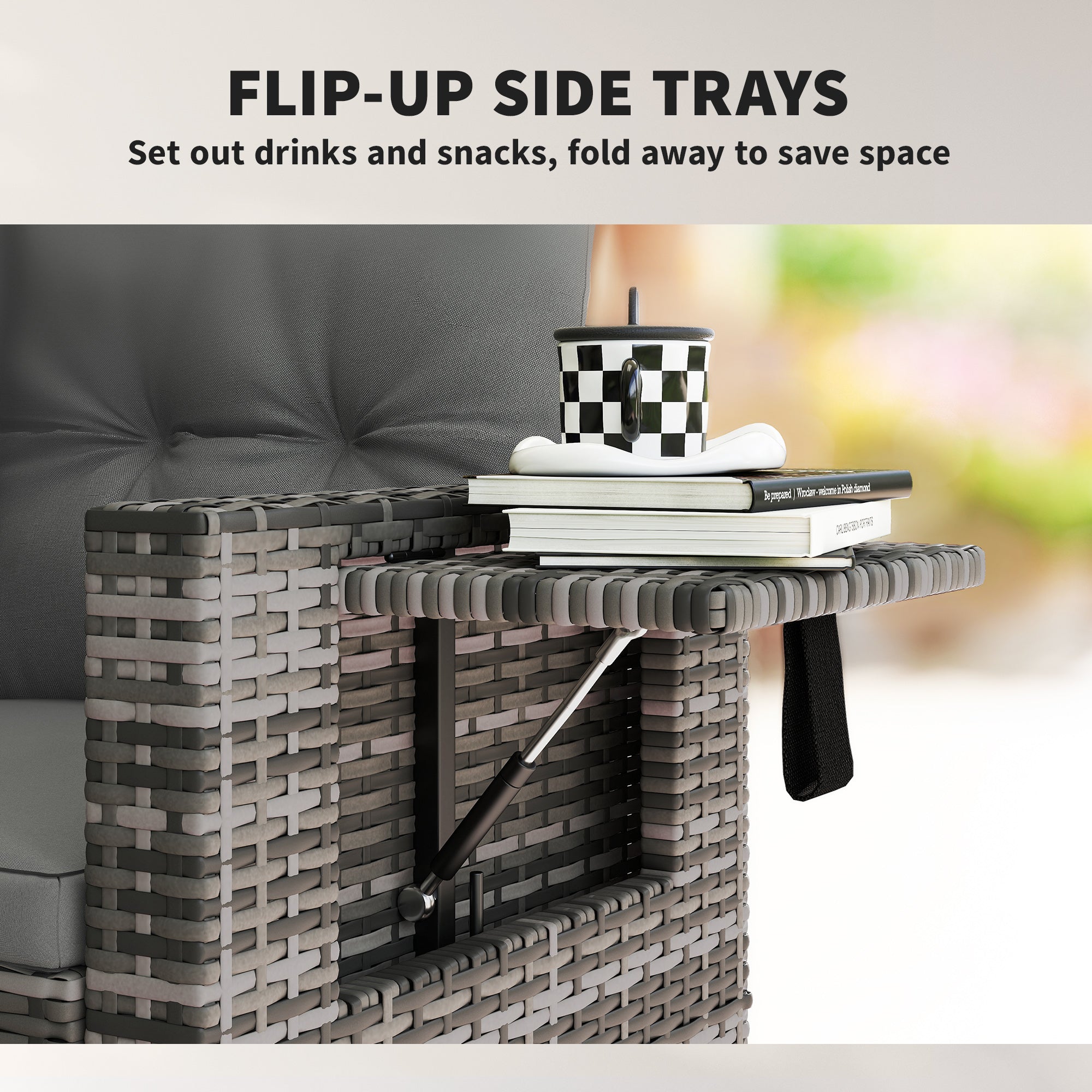 Outsunny 2 Seater Rattan Garden Sofa Outdoor Loveseat with Hidden Side Trays and Cushions for Patio Balcony, Dark Grey