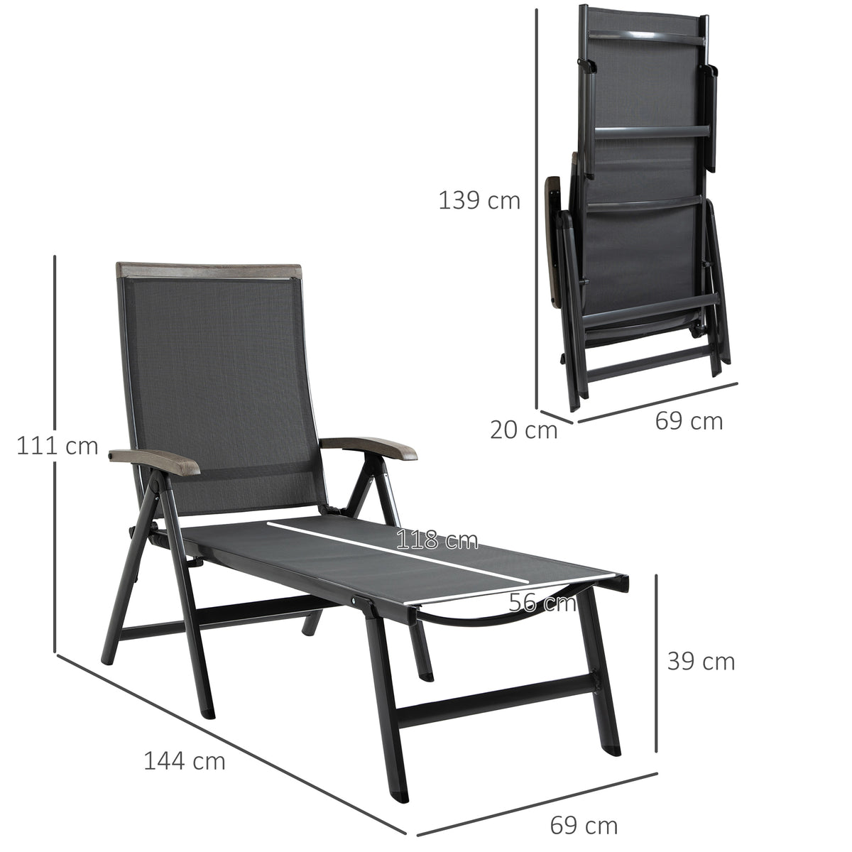 Outsunny Set of 2 Outdoor Folding Sun Loungers, 5-Position Adjustable Chaise Lounge Chairs with Aluminium Frame for Patio, Garden, Grey