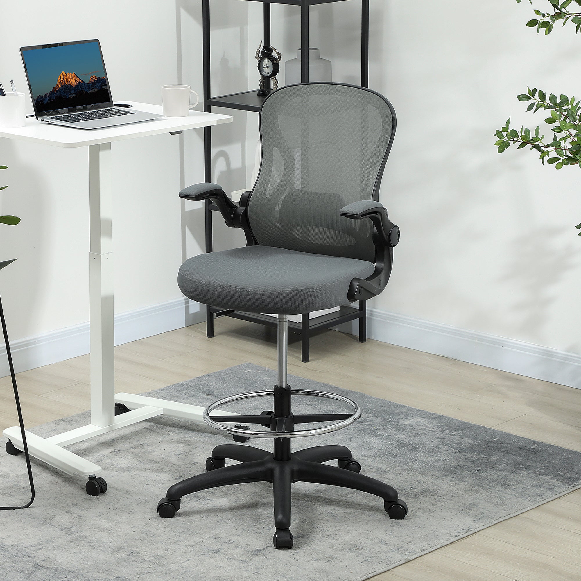 Vinsetto Draughtsman Chair with Flip-up Armrests, Mesh Standing Desk Chair with Lumbar Support and Adjustable Foot Ring for Bar Counter, Charcoal Grey