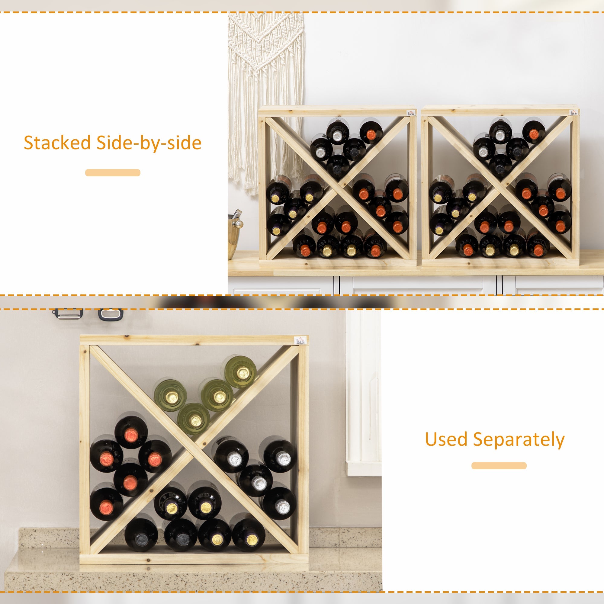 HOMCOM Set of 2 Wooden Wine Rack, X-Shaped Square Tabletop Storage Holder for 24 Bottle, Natural Wood
