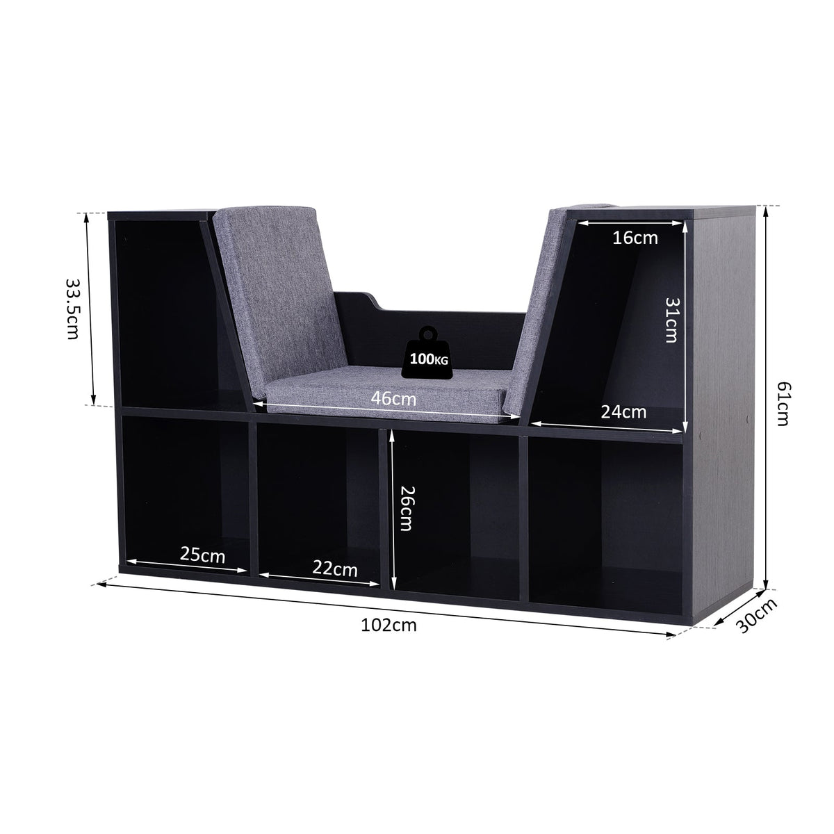 HOMCOM Bookcase Storage Shelf with Cushioned Reading Seat, Cube Bookshelf Organizer for Bedroom Living Room, Black