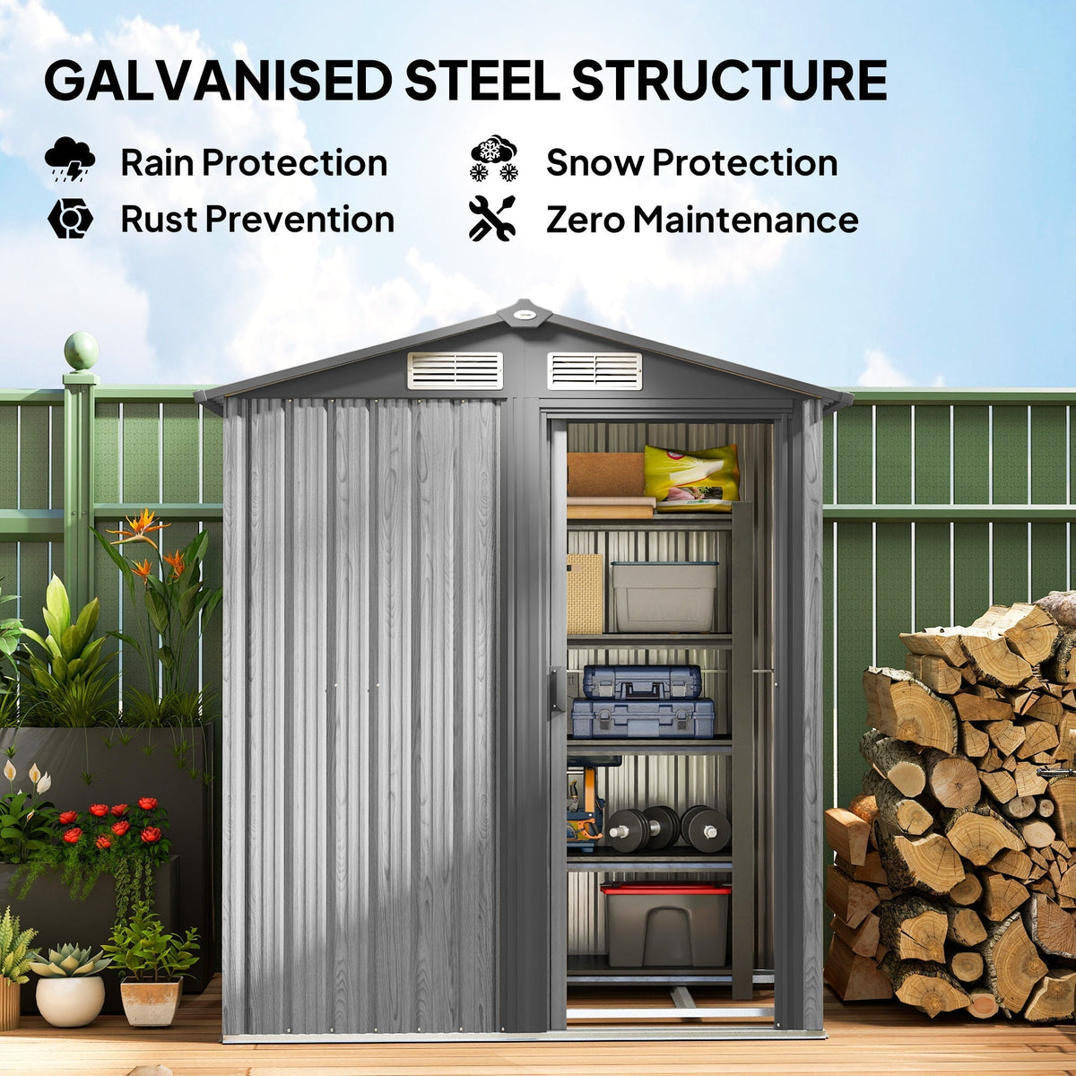 Outsunny 4.3 x 5ft Outdoor Garden Storage Shed - Grey Wood Effect
