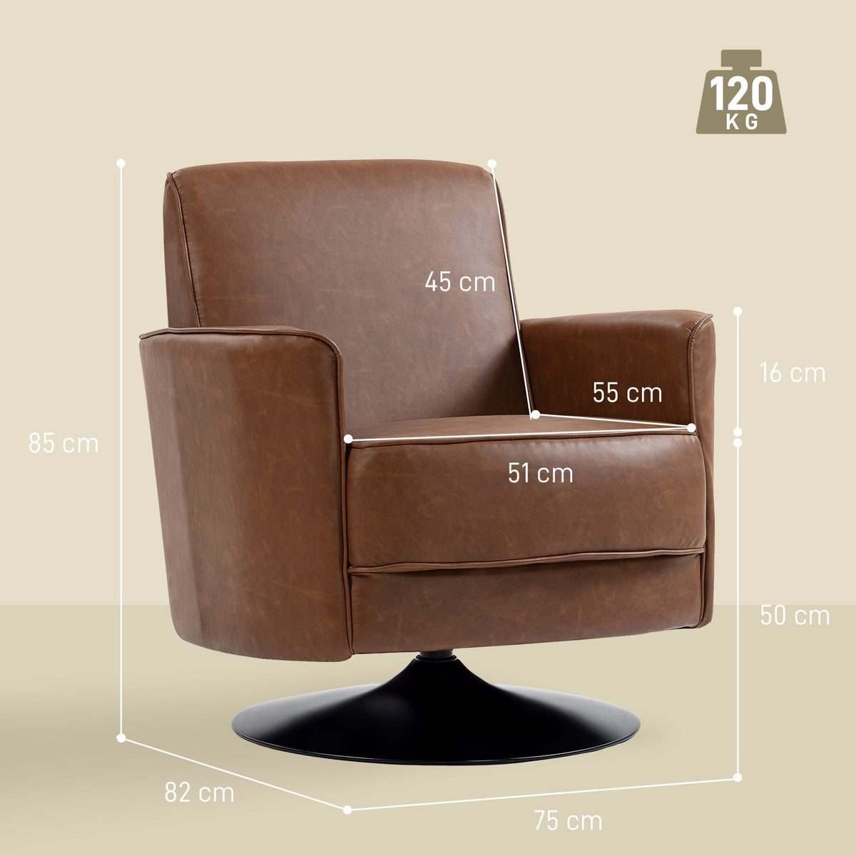 HOMCOM Upholstered Swivel Accent Chair with Thick Padding, Brown