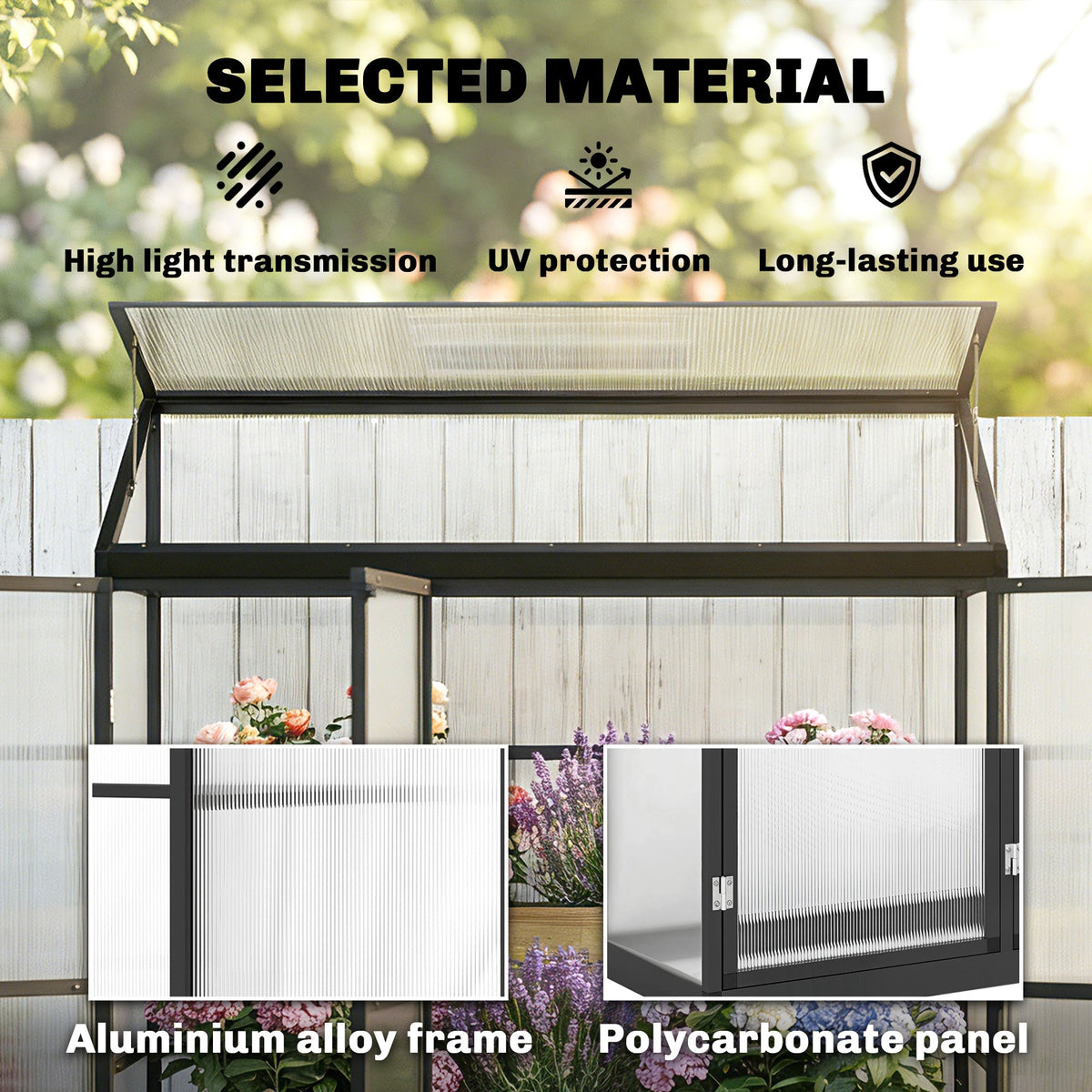 Outsunny Polycarbonate Greenhouse with 3 Hinged Doors, Top Vent, Lean-to Green House, Walk-in Greenhouse, 6 x 1.5ft, Black