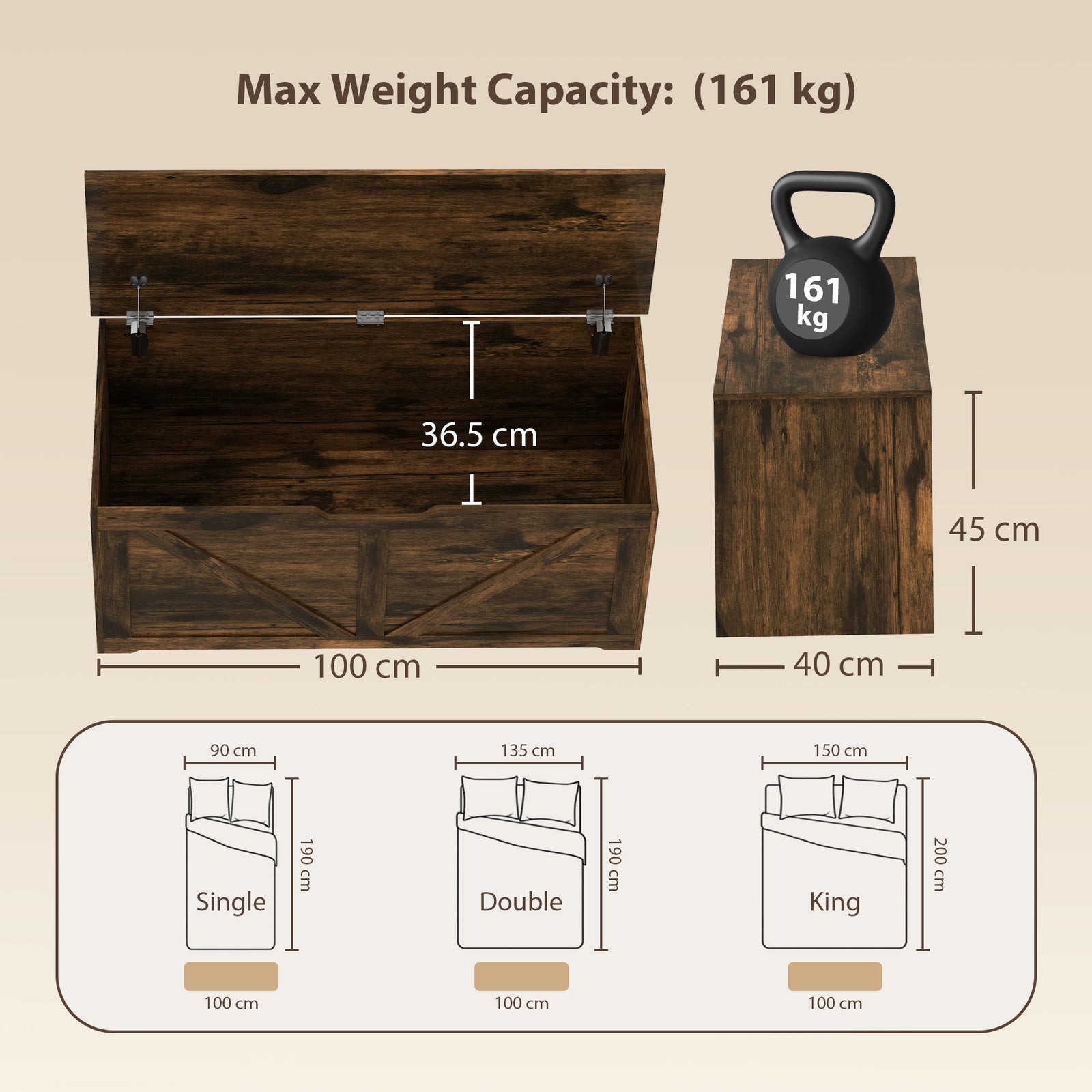 HOMCOM 127L Home Storage Box, with Safety Hinges - Rustic Brown Wood-Effect