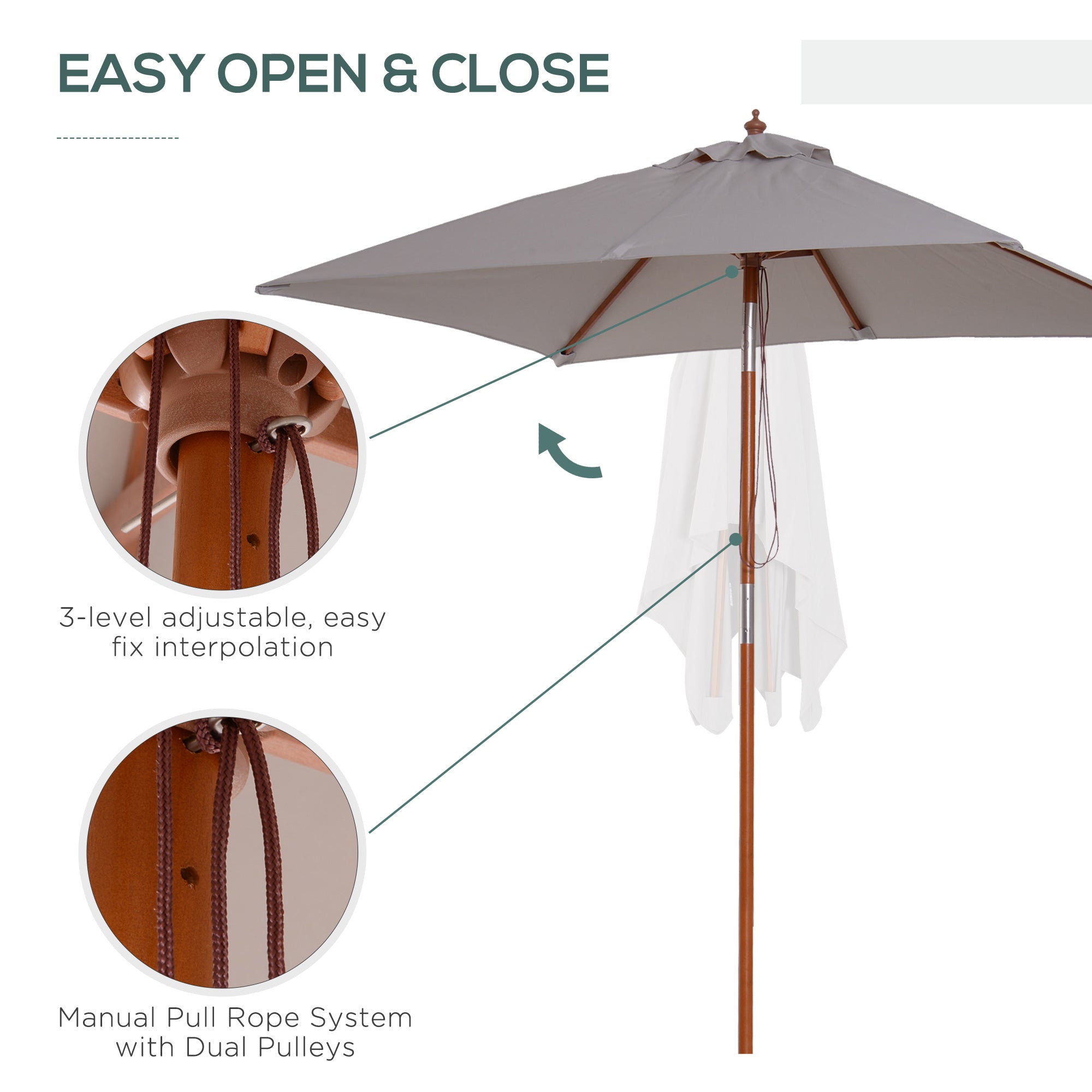 Outsunny 2m Tilting Wooden Pole Parasol - Grey