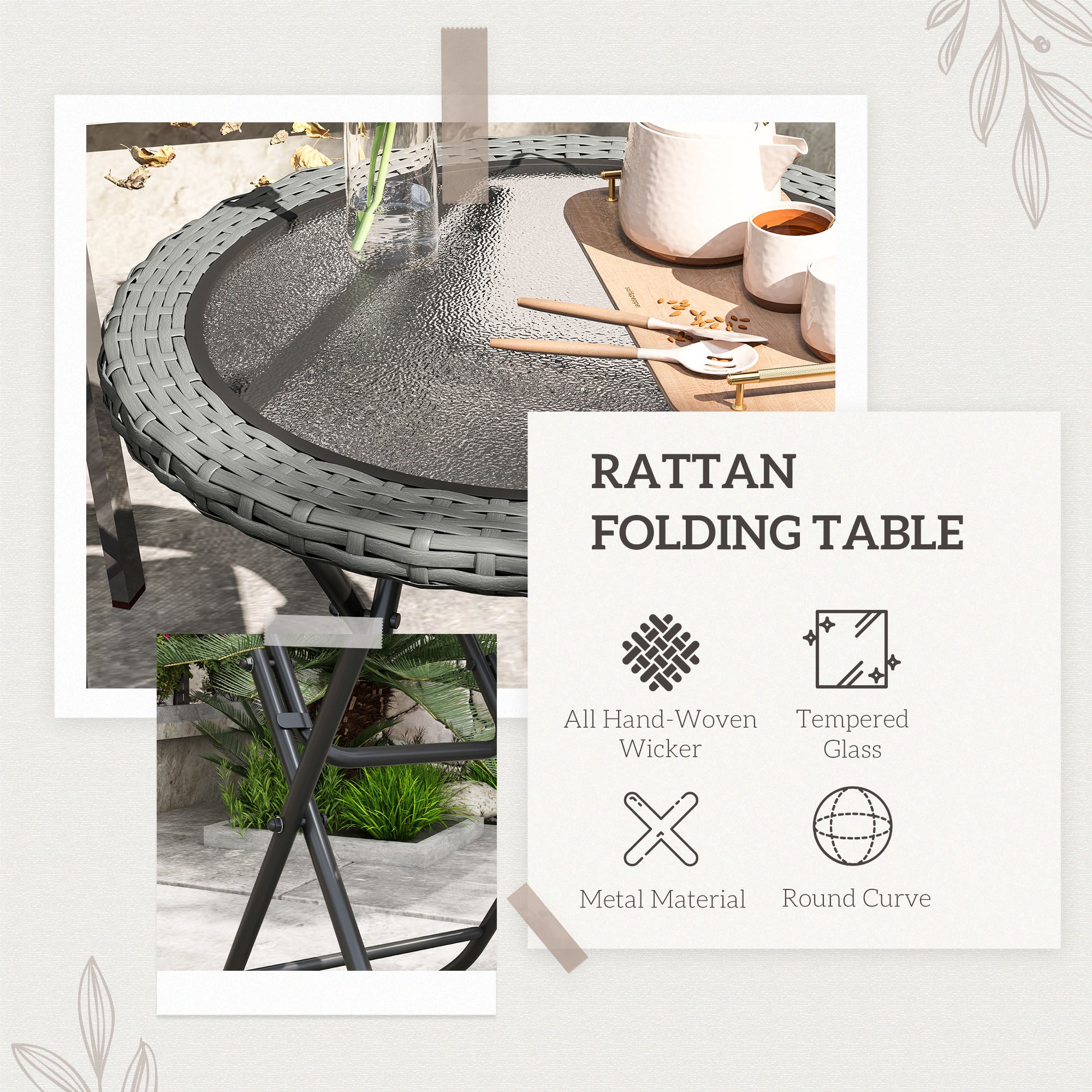 Outsunny Folding Rattan Garden Dining Table, 68 cm Round Rattan Garden Table with Water Ripple Tempered Glass Top, Wicker Edging and Steel Frame for Outdoor, Patio, Grey