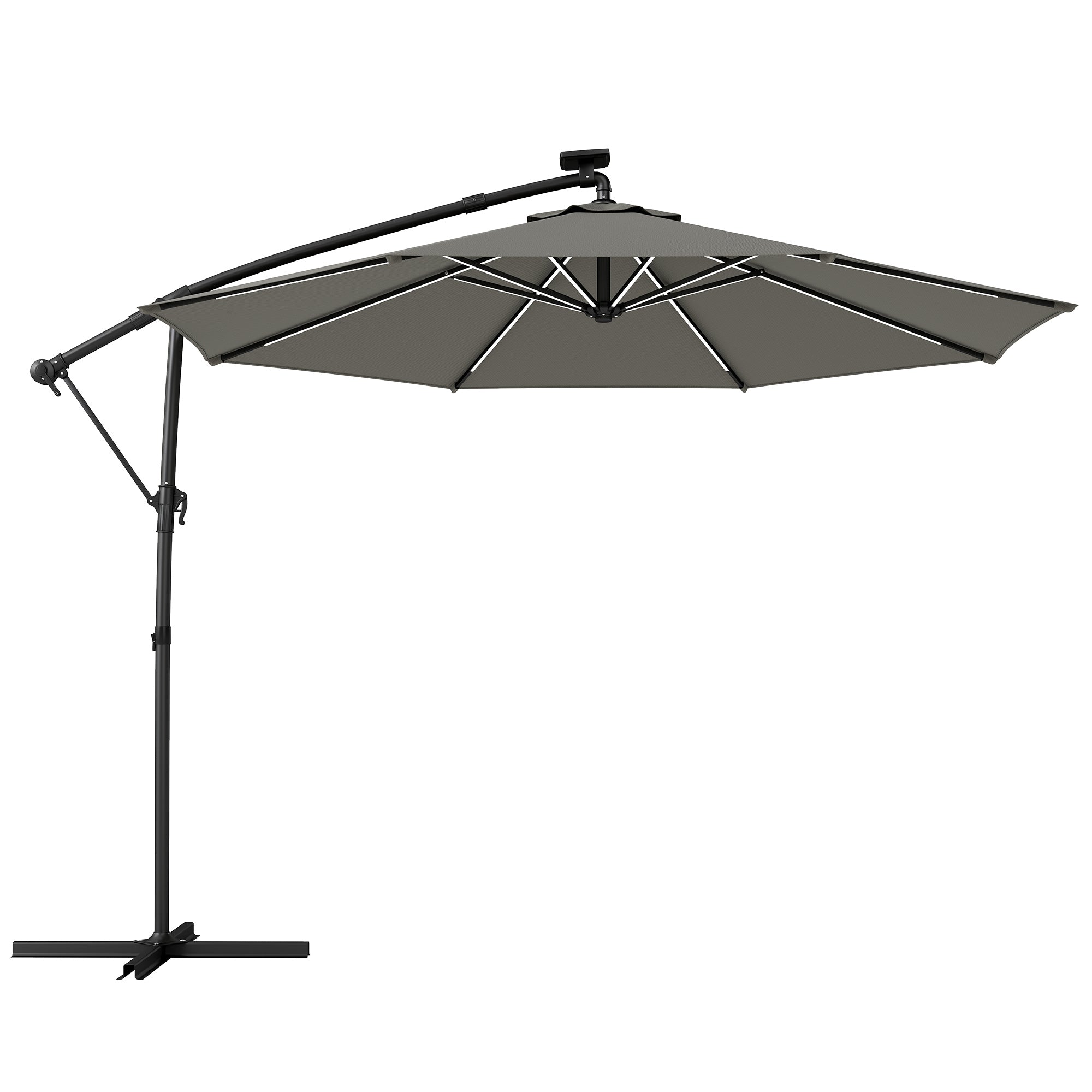 Outsunny 3 m Garden Cantilever Parasol with LED Solar Light, Round Overhanging Umbrella with 360Â° Rotation, Cover, Grey