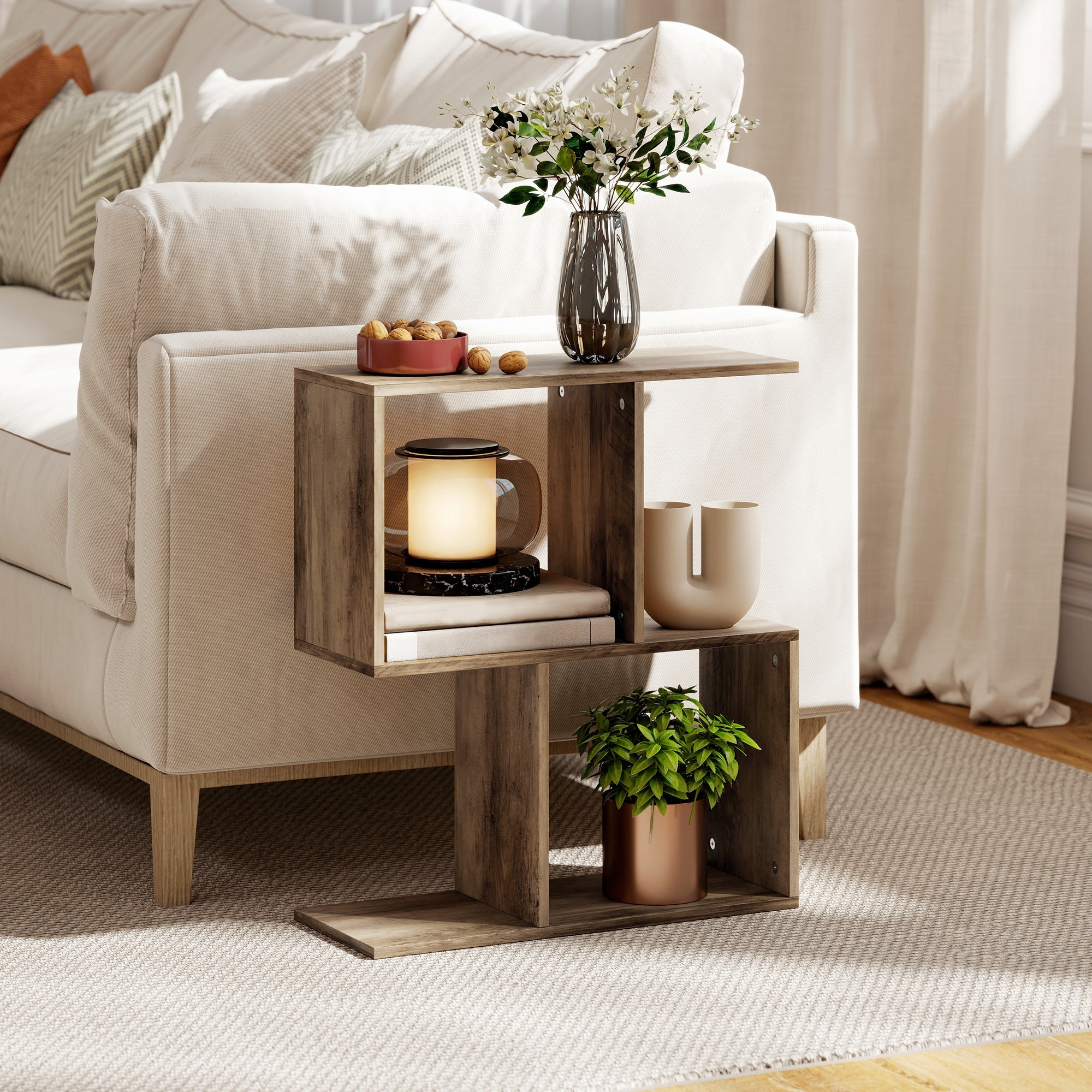 HOMCOM Side Table, Narrow End Table with Storage Shelves, S-Shaped, 3-Tier, 50W x 19.5D x 58H cm, Oak