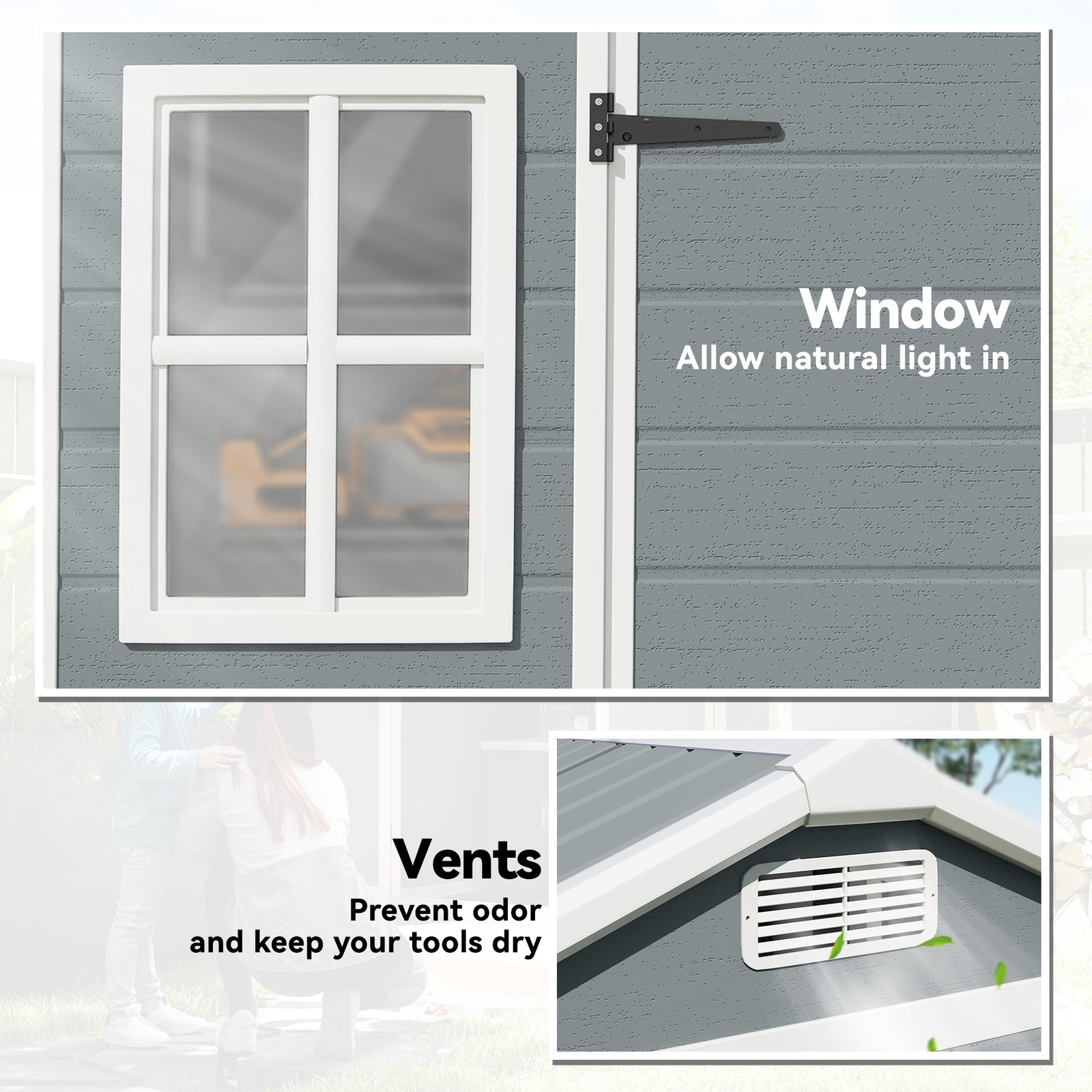 Outsunny 8 x 4 ft Plastic Garden Shed, Wood-Effect Outdoor Storage Shed with Floor, Windows, Lockable Doors and Vents, Light Grey