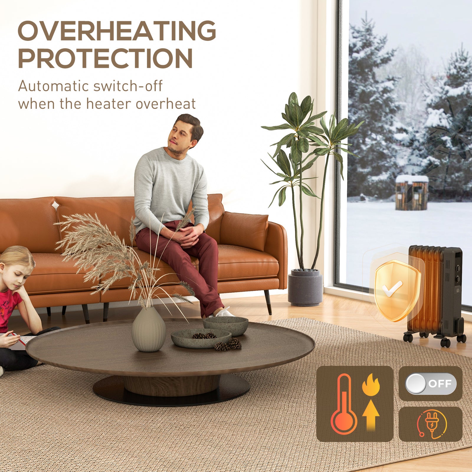 HOMCOM 1500W Oil Filled Radiator, Portable Electric Heater with 3 Heat Settings, Safety Cut-Off and Wheels, Grey