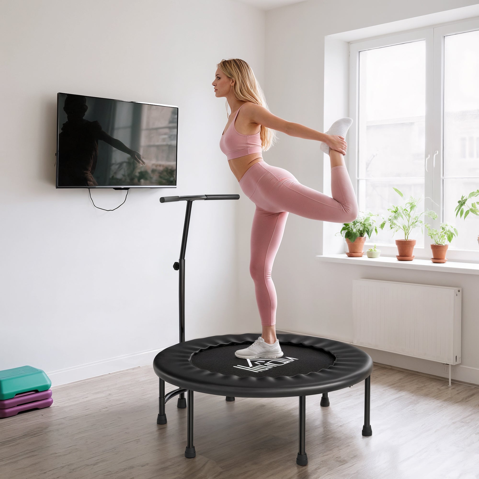 HOMCOM 40" Fitness Trampoline with Adjustable Handle, Rebounder Trampoline, Mini Jumper for Indoor Exercise Workout, Black