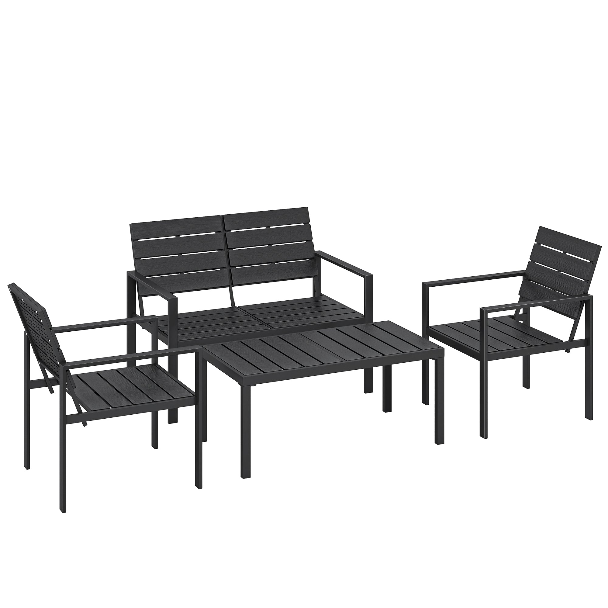 Outsunny 4 Piece Garden Furniture Set, Outdoor Sofa Set with HDPE Slatted Loveseat Armchairs Coffee Table Metal Frame, Black