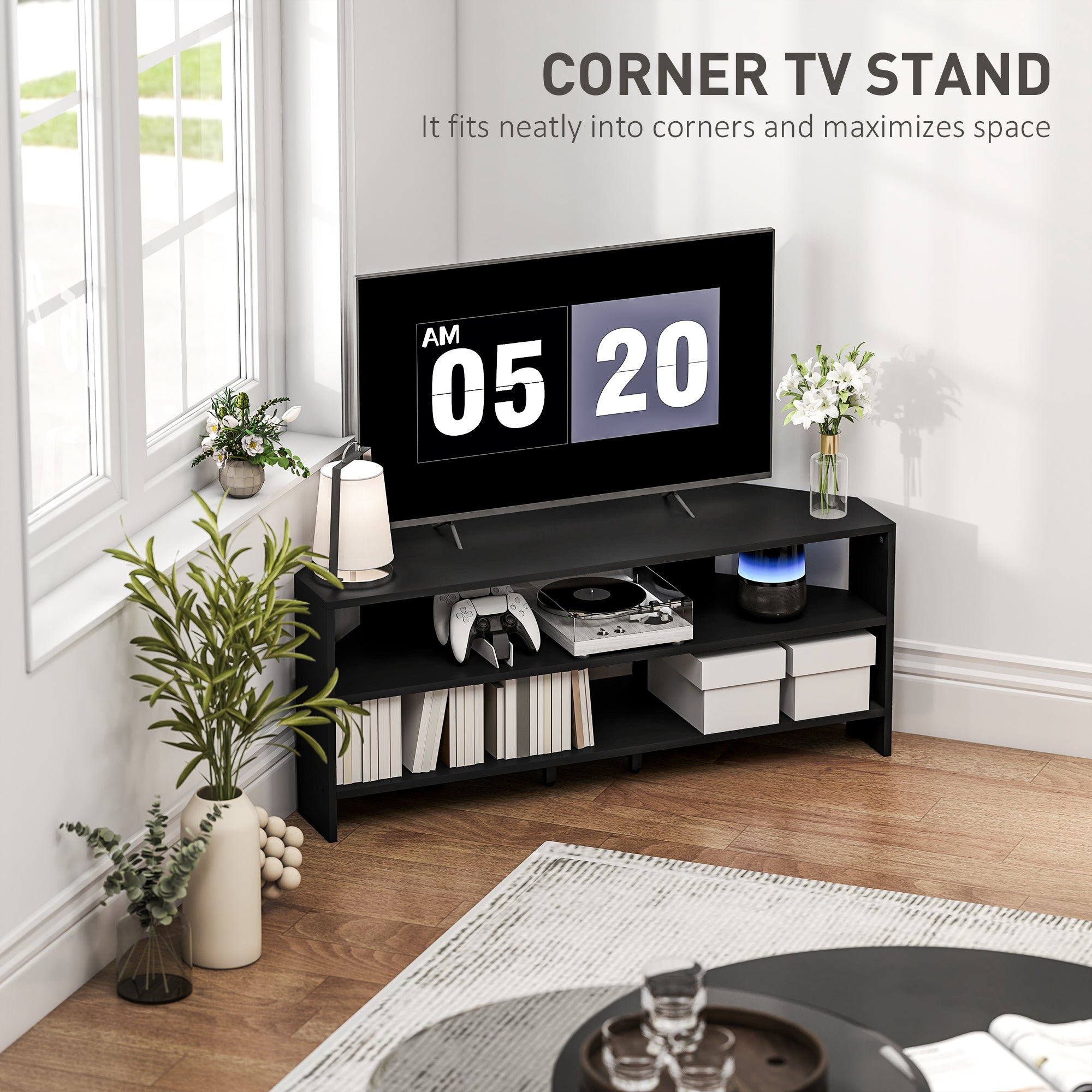 HOMCOM Corner TV Stand with 2 Open Shelves for 47 Inch TV - Black