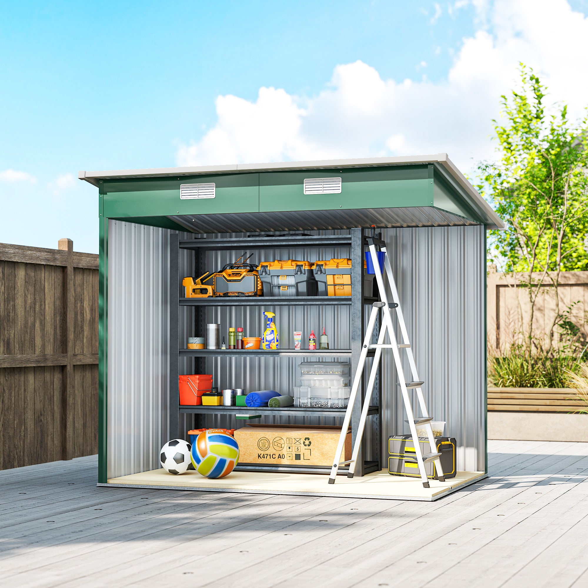 Outsunny 7 x 4ft Outdoor Storage Shed with Foundation Kit, Lean to Metal Garden Shed for Log, Rubbish Bin, Tool, Lawnmower, Bike, Patio and Lawn Use, Green