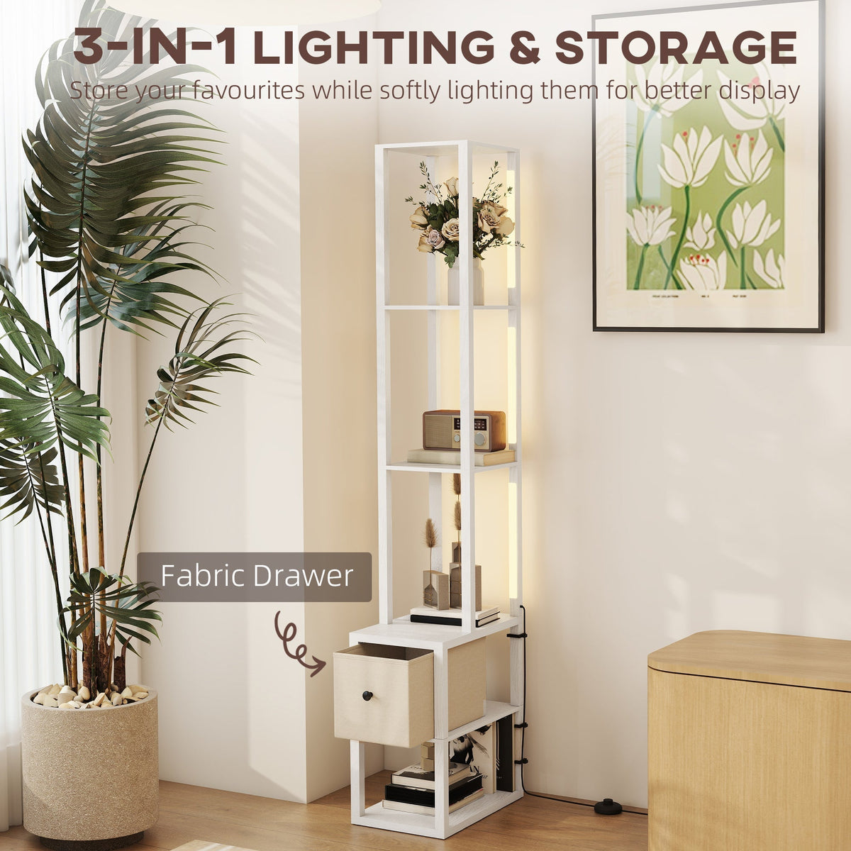HOMCOM Floor Lamp with Shelves, LED Column Modern Standing Lamp with Fabric Drawer, Adjustable Brightness, Foot Switch for Living Room, Bedroom, Office, White