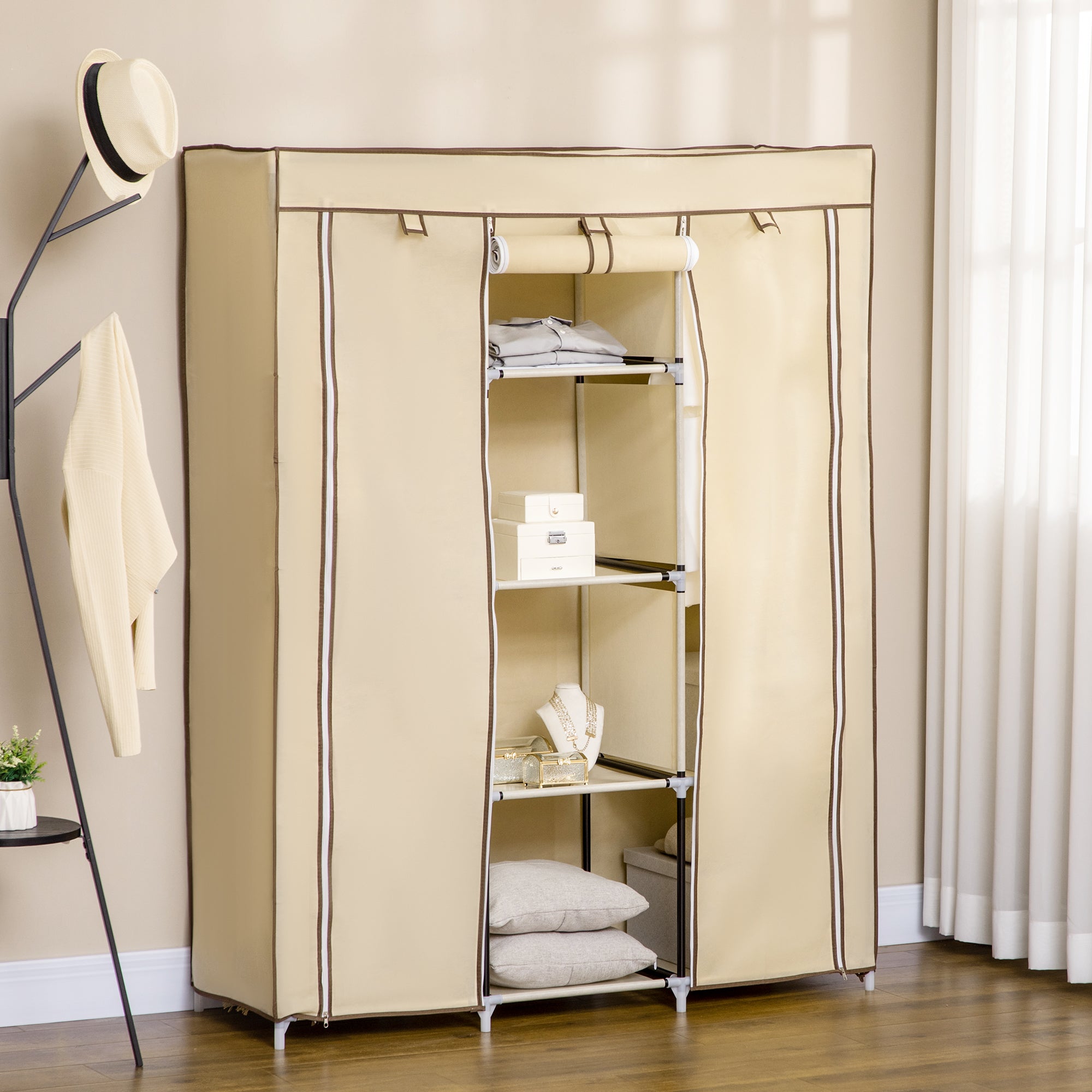 HOMCOM Fabric Wardrobe, with Rails and Shelves - Beige