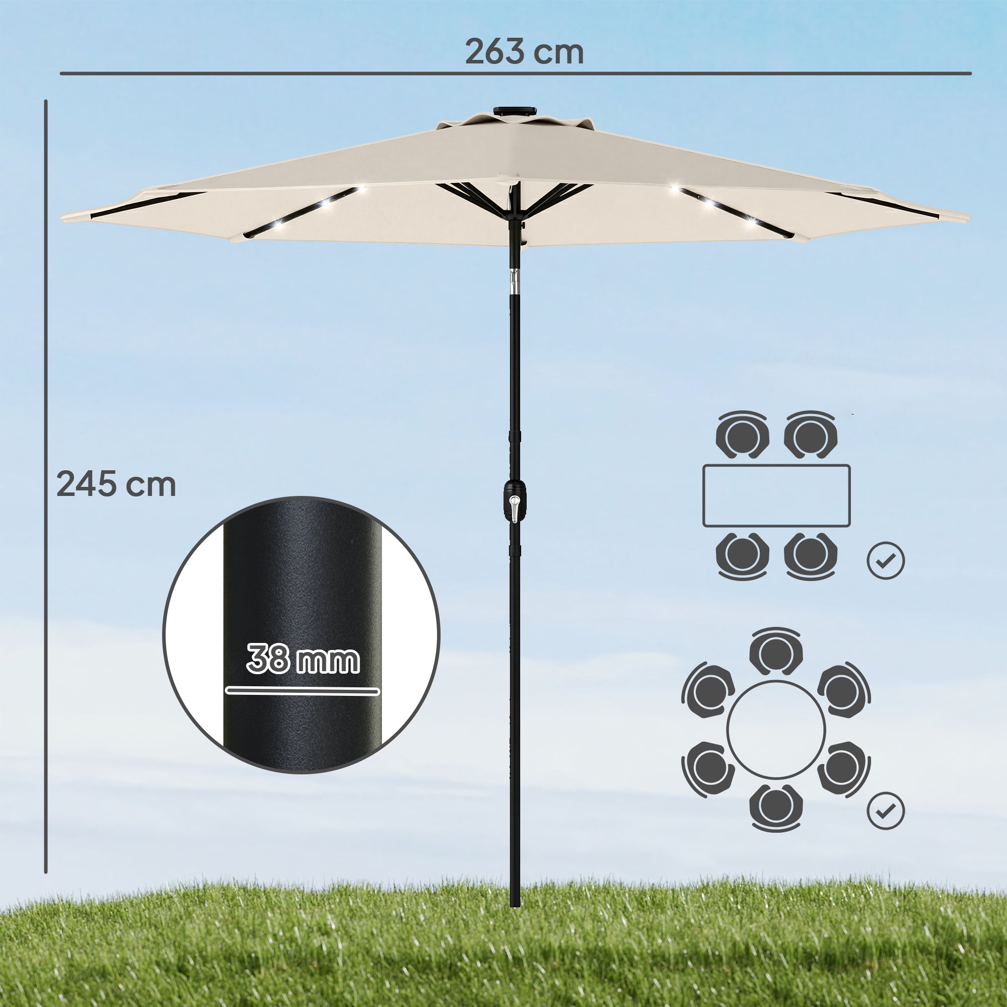 Outsunny 2.6 m Garden Parasol Umbrella with LED Solar Light, Parasol Cover, Outdoor Market Patio Umbrella, Cream White