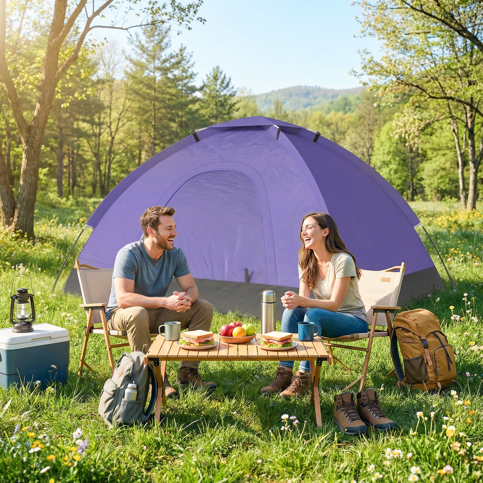 Outsunny 2 Person Camping Tent, Dome Tent with Zipped Doors, Storage Pocket, Portable Handy Bag, Light Purple