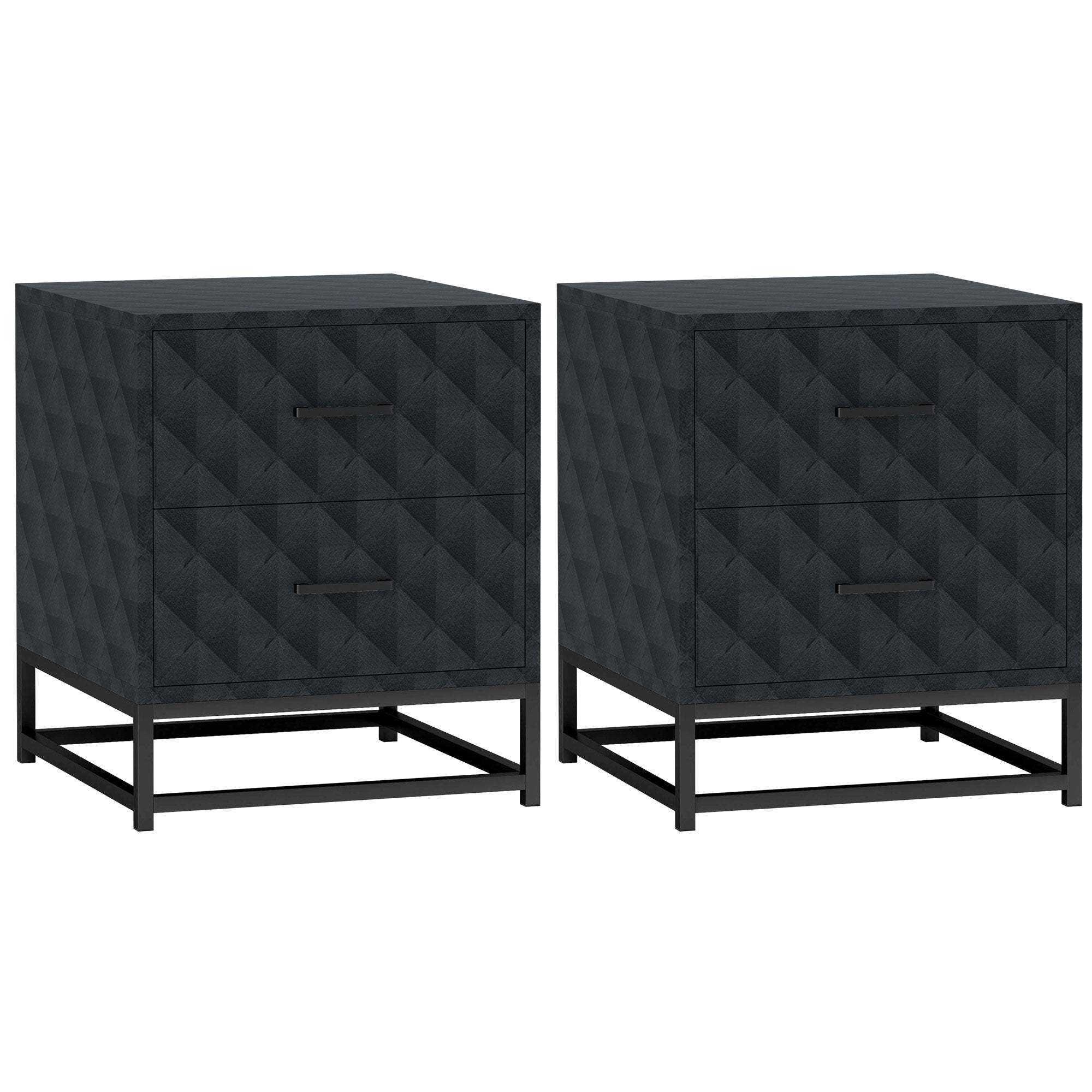 HOMCOM Bedside Tables Set of 2, Modern Bedside Table Nightstand with 2 Drawers, Bedside Cabinet Sofa Side Table with Storage, Steel Legs for Bedroom, Living Room, Black