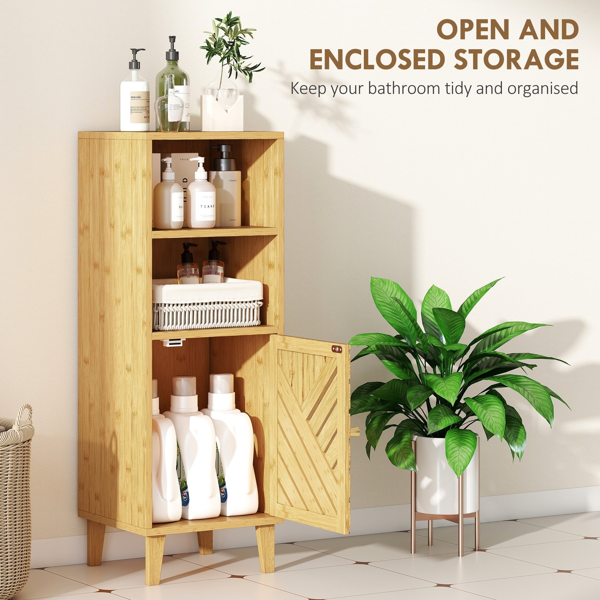 HOMCOM Slim Bathroom Cabinet with Bamboo Door and Legs, Narrow Bathroom Storage Cabinet, Freestanding Storage Cupboard with Open Compartments, 32 x 30 x 90 cm, Natural Wood Finish