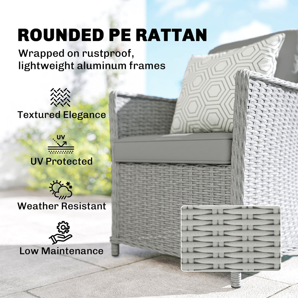 Outsunny Rattan Garden Dining Set with Lazy Susan, Marble Effect Glass Round Garden Table and Chairs with Aluminium Frame, Grey