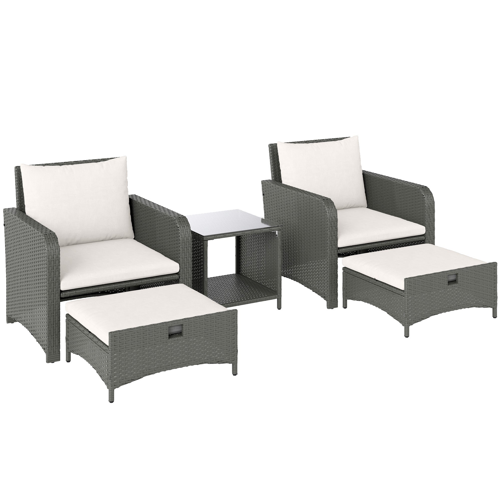 Outsunny Five Piece Rattan Garden Furniture Set with 2-Tier Coffee Table and Ottomans - Cream White