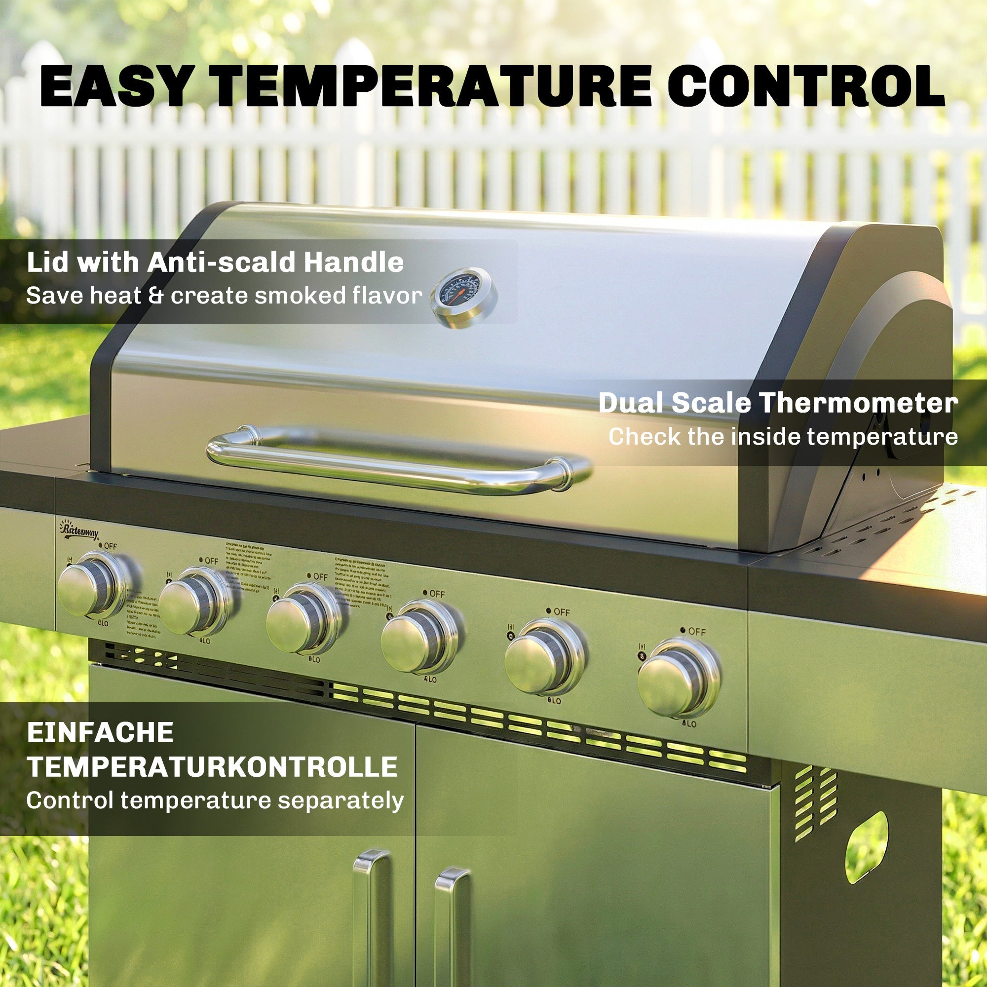 Outsunny 6 Burner Liquid Propane Gas BBQ Grill, Outdoor Portable Gas Barbecue Grill with Warming Rack, Side Tables, Cabinet