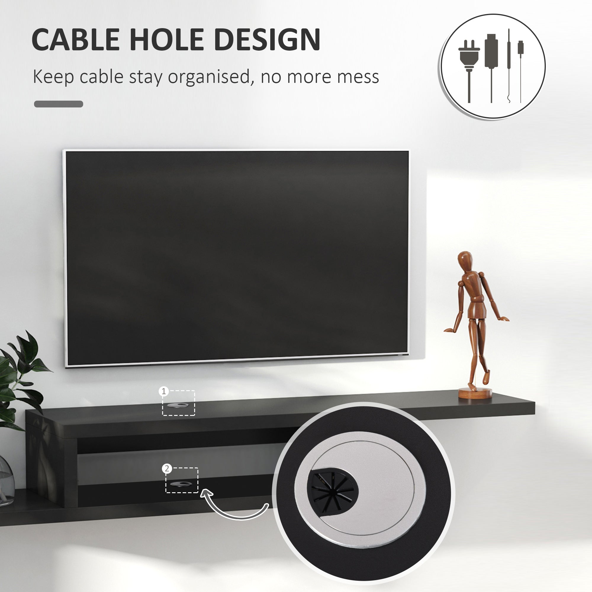 HOMCOM Floating TV Unit, Wall Mounted TV Stand with Open Shelf and 2 Cable Holes, Entertainment Unit for Living Room, Black