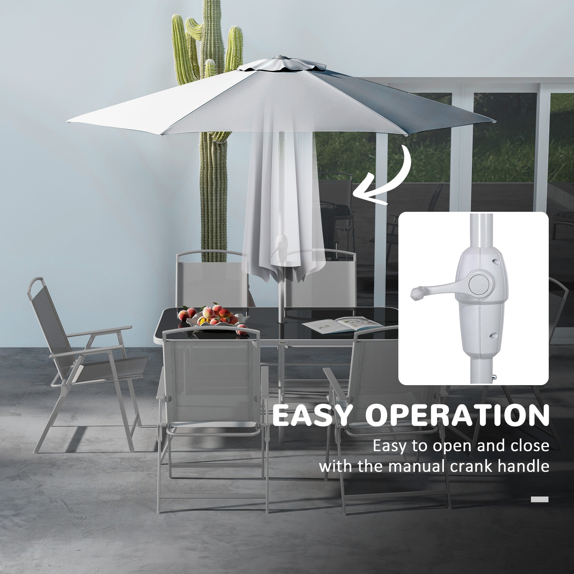 Outsunny Eight-Piece Garden Dining Set, with Chairs, Table and Parasol - Grey
