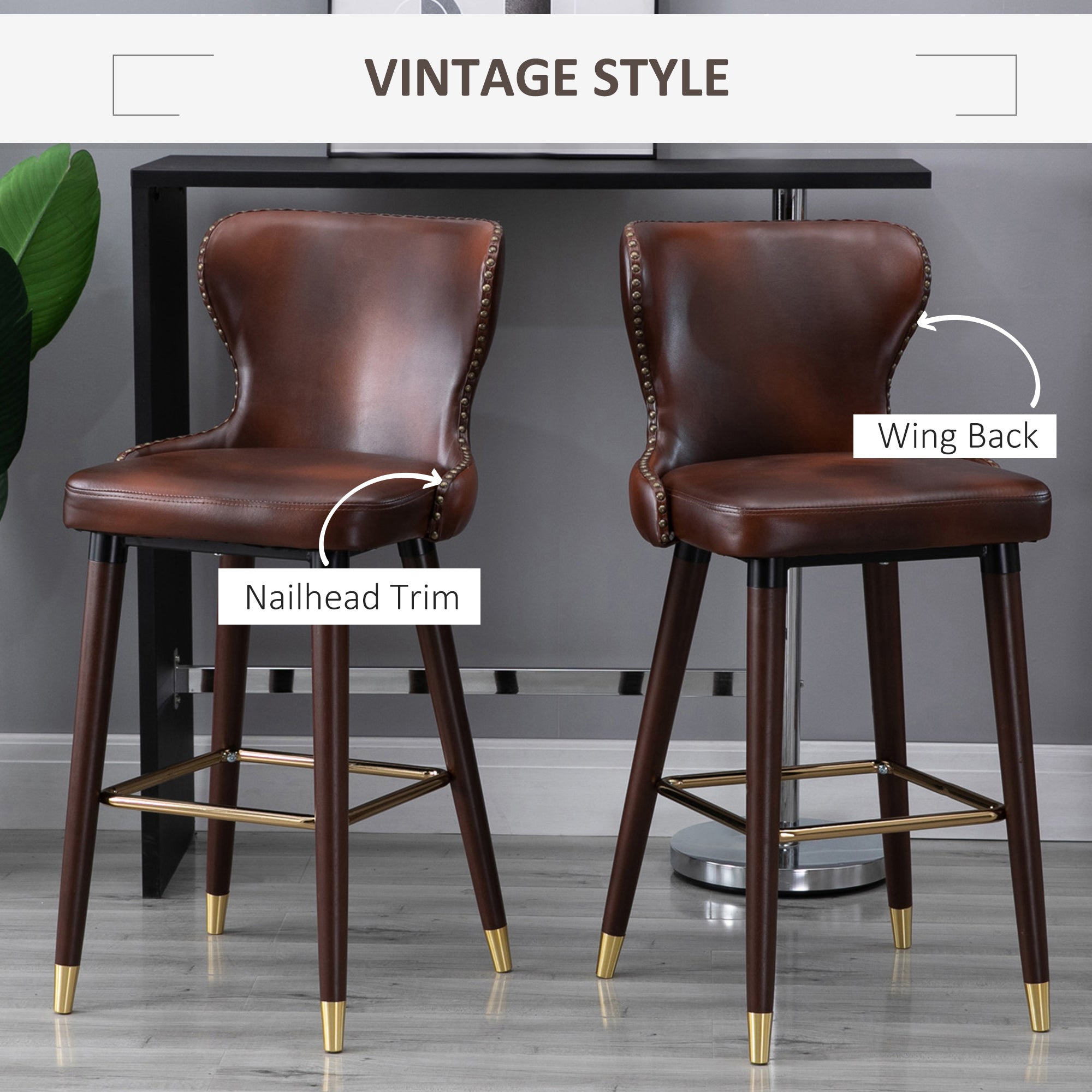 HOMCOM Bar Stools Set of 2, PU Leather Barstools with Back, Footrest and Wood Legs for Kitchen, Counter, Breakfast Bar, Brown