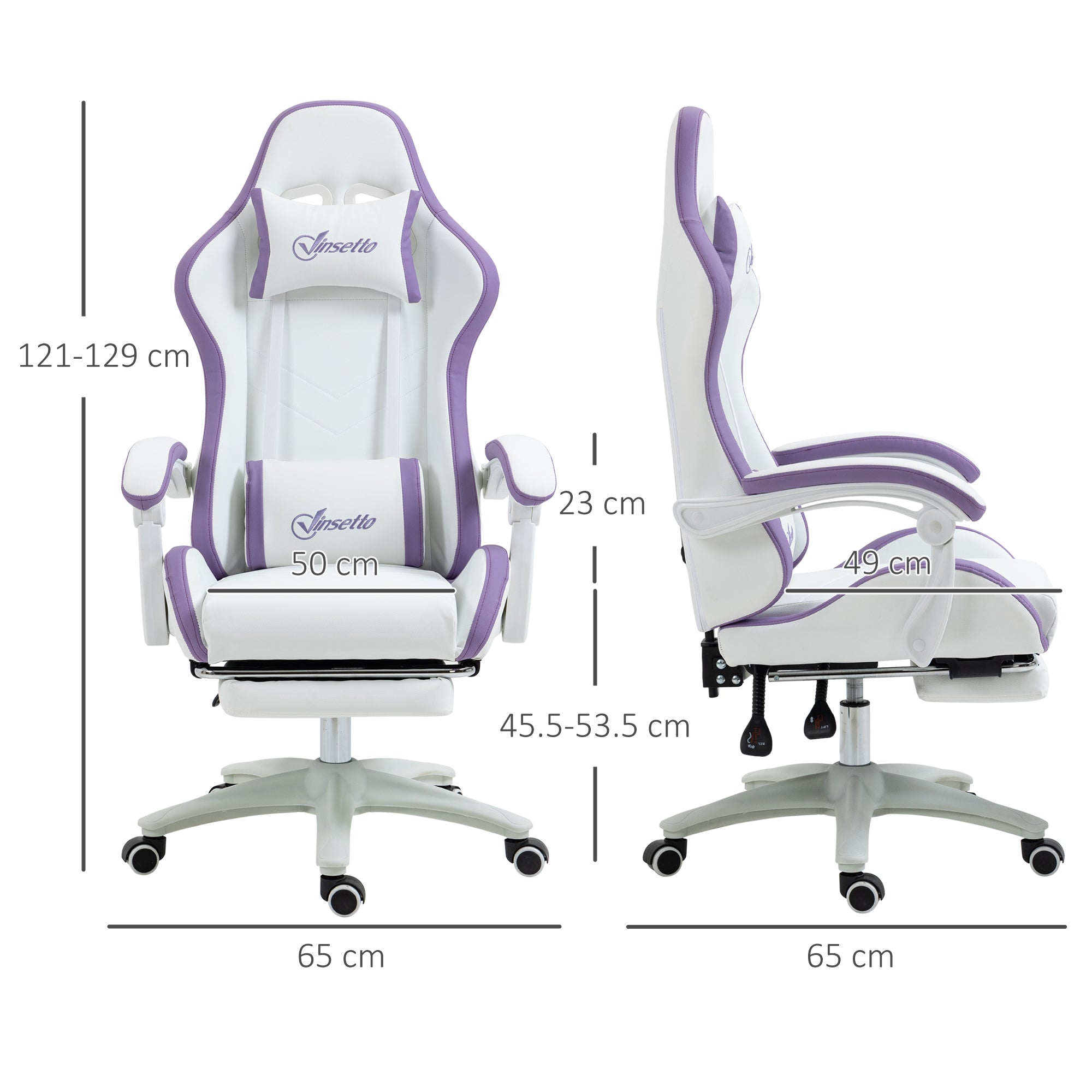 Vinsetto Computer Gaming Chair, PU Leather Office Desk Chair with Footrest, Swivel Wheels, 135√Ç¬∞ Reclining Back, Lumbar Support, Headrest for Home, White and Purple