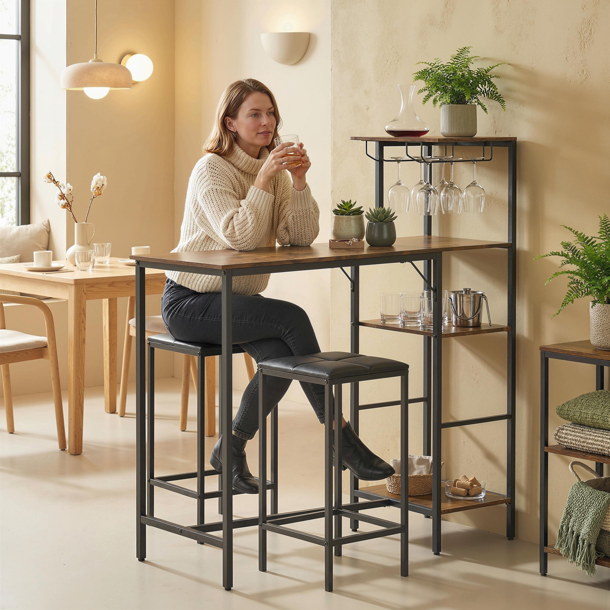 HOMCOM 3 Piece Breakfast Bar Table and Stools Set, Rustic Brown